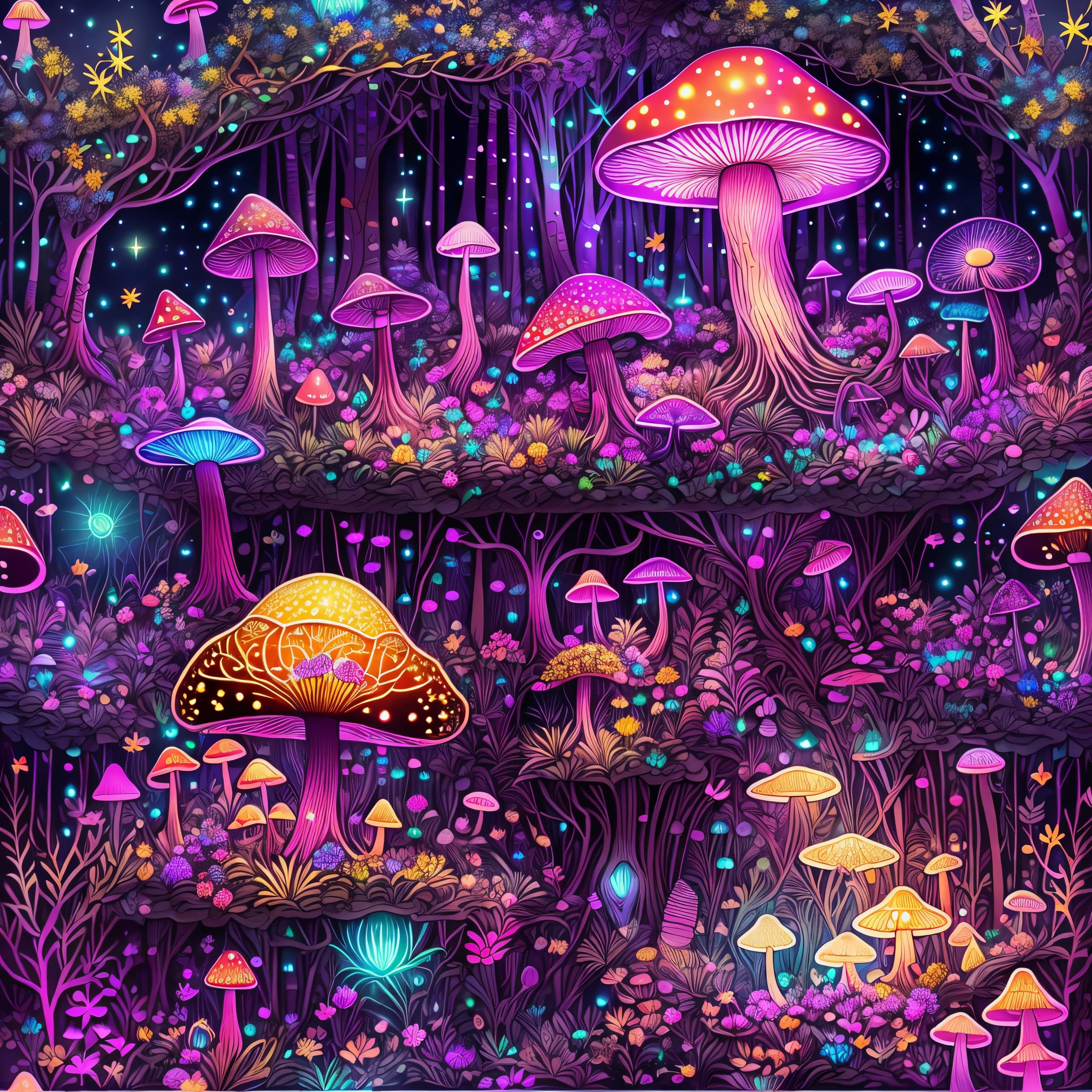 (((tmasterpiece))), (((Best quality at best))), ((intricately details)), ((Hyper-realistic)), ((1 transparent glowing mushroom, Solo, Colorful transparent luminous plastic)), (Starry sky and nebula, A mysterious dreamy forest，Dense trees，Weird and cute glowing mushrooms，magicle world，Charming dreamy mushroom jungle under the moonlight, waterfallr, and luminous creatures soaring in the night, Exotic flowers and plants are blooming，Enchanting dream jungle background in moonlight，The picture is spectacular), beatiful background, Light particles, suns rays, dramatic lights, 电影灯光, (midynight), (irregular), (mistic), (absurd res), dream-like, Disney, T-shirt design, Vector,number art, psychedelic theme, vivd colour, Saturated color