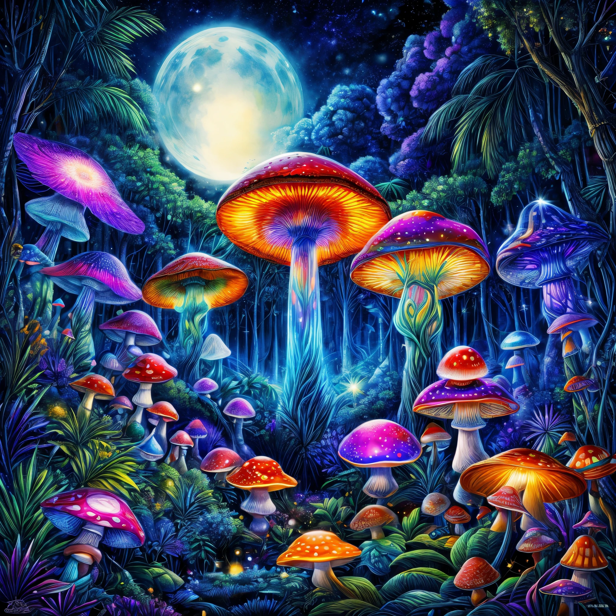 (((tmasterpiece))), (((Best quality at best))), ((intricately details)), ((Hyper-realistic)), ((1 transparent glowing mushroom, Solo, Colorful transparent luminous plastic)), (Starry sky and nebula, A mysterious dreamy forest，Dense trees，Weird and cute glowing mushrooms，magicle world，Charming dreamy mushroom jungle under the moonlight, waterfallr, and luminous creatures soaring in the night, Exotic flowers and plants are blooming，Enchanting dream jungle background in moonlight，The picture is spectacular), beatiful background, Light particles, suns rays, dramatic lights, 电影灯光, (midynight), (irregular), (mistic), (absurd res), dream-like, Disney, T-shirt design, Vector,number art, psychedelic theme, vivd colour, Saturated color