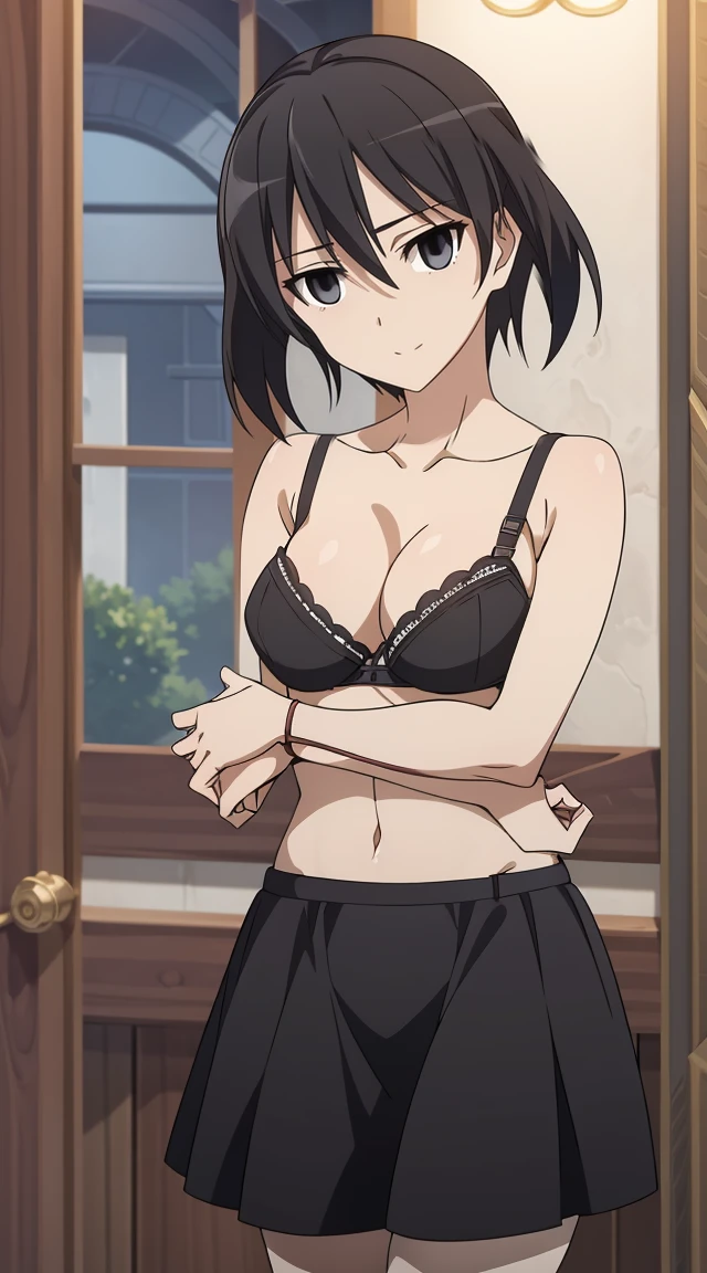 (masterpiece), best quality, expressive eyes, perfect face, kurome , black hair ,short twin ,short hair, black eyes, medium breasts, anime art style, official art, slightly head tilt, sexy pose, ((sexy bra)),background modern bedroom on windows open, full body