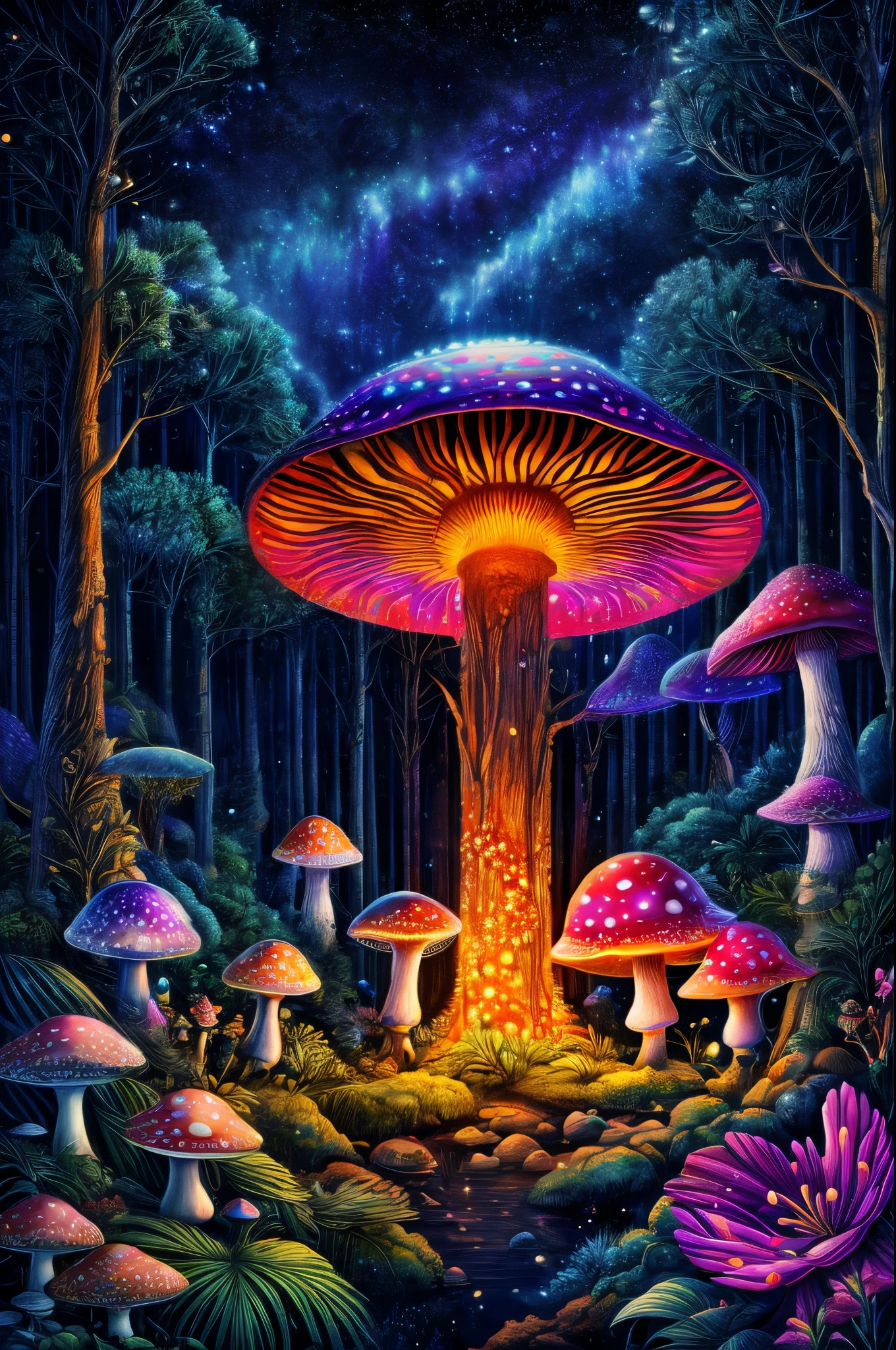 (((tmasterpiece))), (((Best quality at best))), ((intricately details)), ((Hyper-realistic)), (Slime-like mushroom swimming in pine forest，Magical mushrooms, Starry sky and nebula), (A mysterious dreamy forest，Dense trees，Weird and cute glowing mushrooms，magicle world，Charming dreamy mushroom jungle under the moonlight, 1 huge transparent and glowing mushroom，covered with dense forest, waterfallr, and luminous creatures soaring in the night, Exotic flowers and plants are blooming，Enchanting dream jungle background in moonlight，The picture is spectacular), beatiful background, Light particles, suns rays, dramatic lights, 电影灯光, (midynight), (irregular), (mistic), (absurd res), dream-like, Disney, T-shirt design, Vector,number art, psychedelic theme, vivd colour, Saturated color