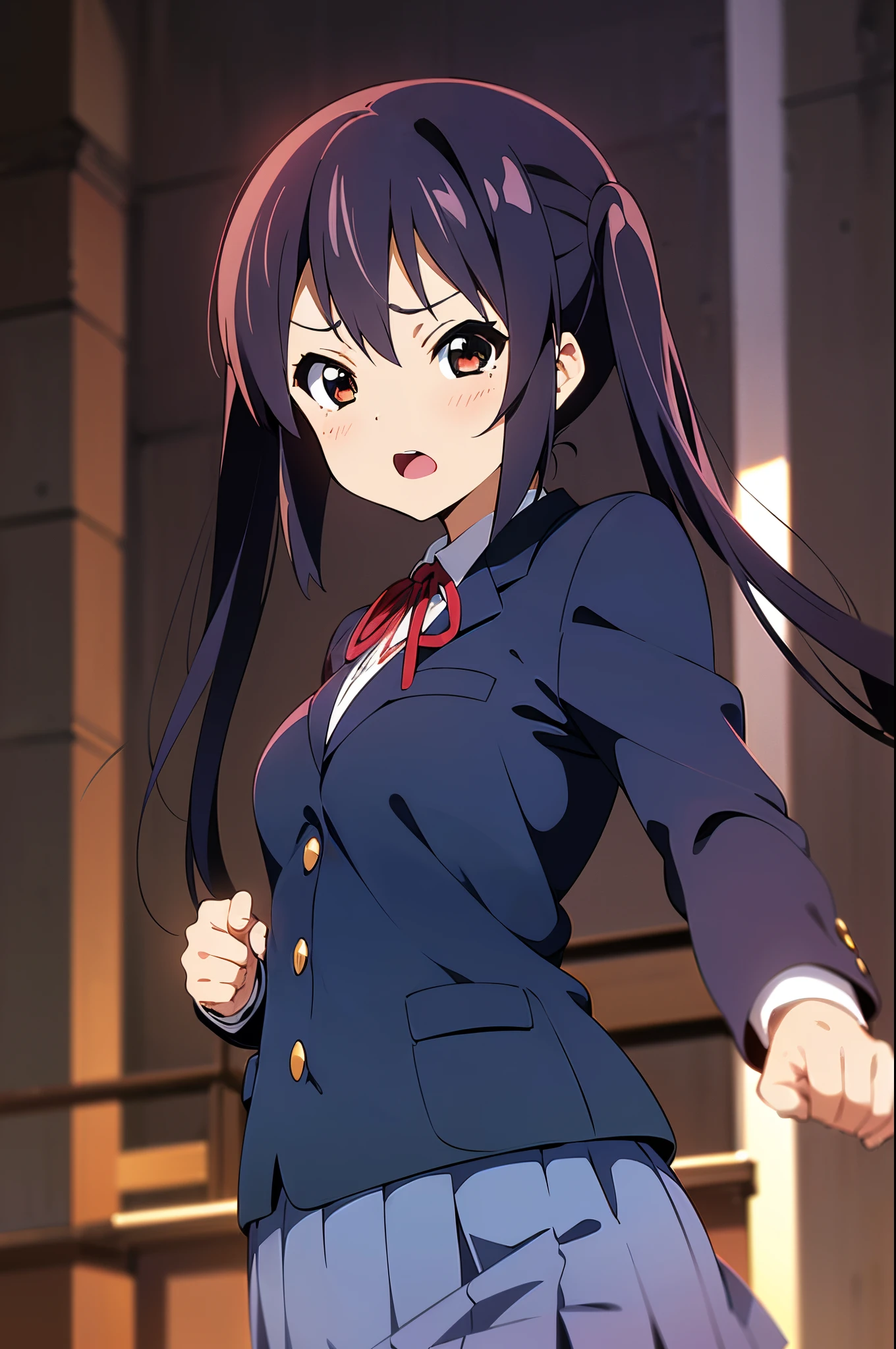 1girl, (((masterpiece))), highest quality, best quality, high detail, nakano azusa, 1girl, sakuragaoka high school uniform, school uniform, twintails, long hair, black hair, brown eyes, solo, red , a navy blue blazer with red narrow ribbon, a solid white buttoned shirt under the blazer, illustration, cartoon, soothing tones, calm colors, soft cinematic light, adobe lightroom, photolab, hdr, intricate, highly detailed, ((((depth of field)))). (((takeout))).dynamic focus.((big breasts)).(((Skyscrapers))).(((A city scape))).(((Face of sadness))). open mouth.(((fighting stance))).(((up chest))).((evening glow)).((the setting sun)).Clench your fists