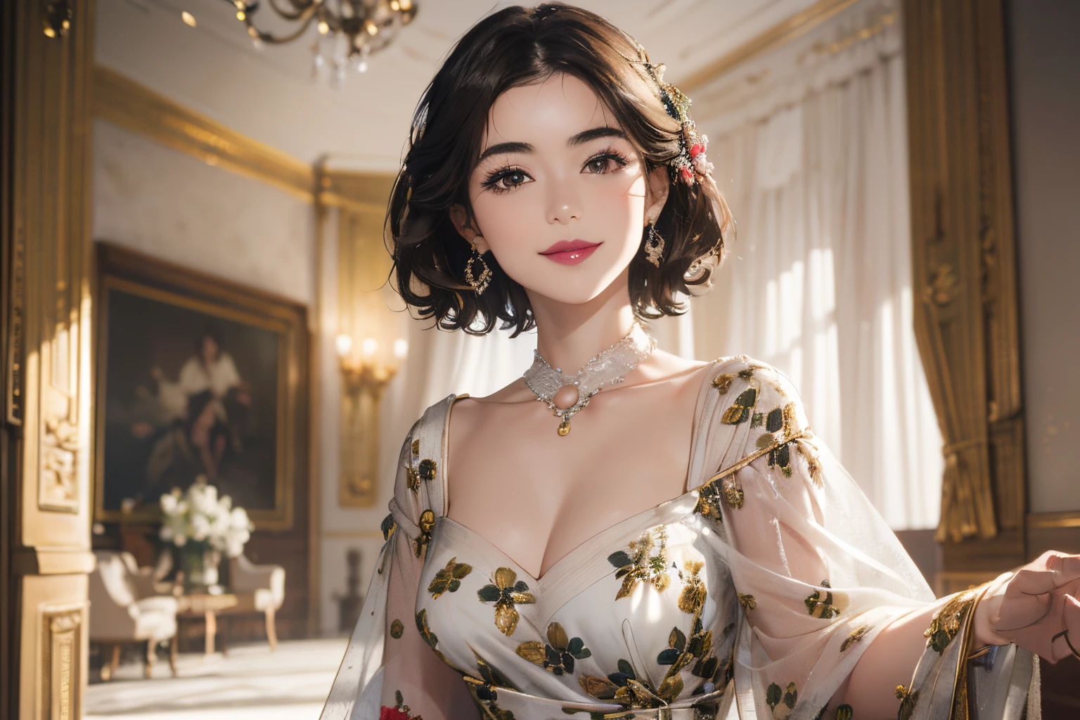 140
(a 20 yo woman,in the palace), (A hyper-realistic), (high-level image quality), ((beautiful hairstyle 46)), ((short-hair:1.46)), (kindly smile), (breasted:1.46), (lipsticks), (is wearing dress), (murky,wide,Luxurious room), (florals), (an oil painting、Rembrandt)