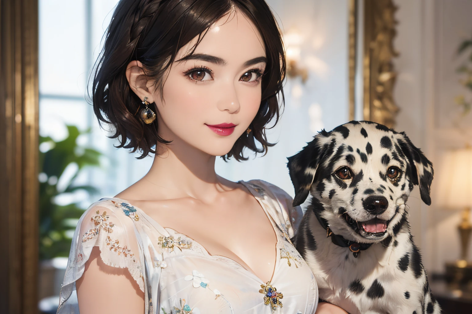126
(a 20 yo woman,Art Works), (A hyper-realistic), (high-level image quality), ((beautiful hairstyle 46)), ((short-hair:1.46)), (Gentle smile), (brest:1.1), (lipsticks), (florals), (Luxurious room), (Depth of field is deep), (a Dog,Dalmatian)