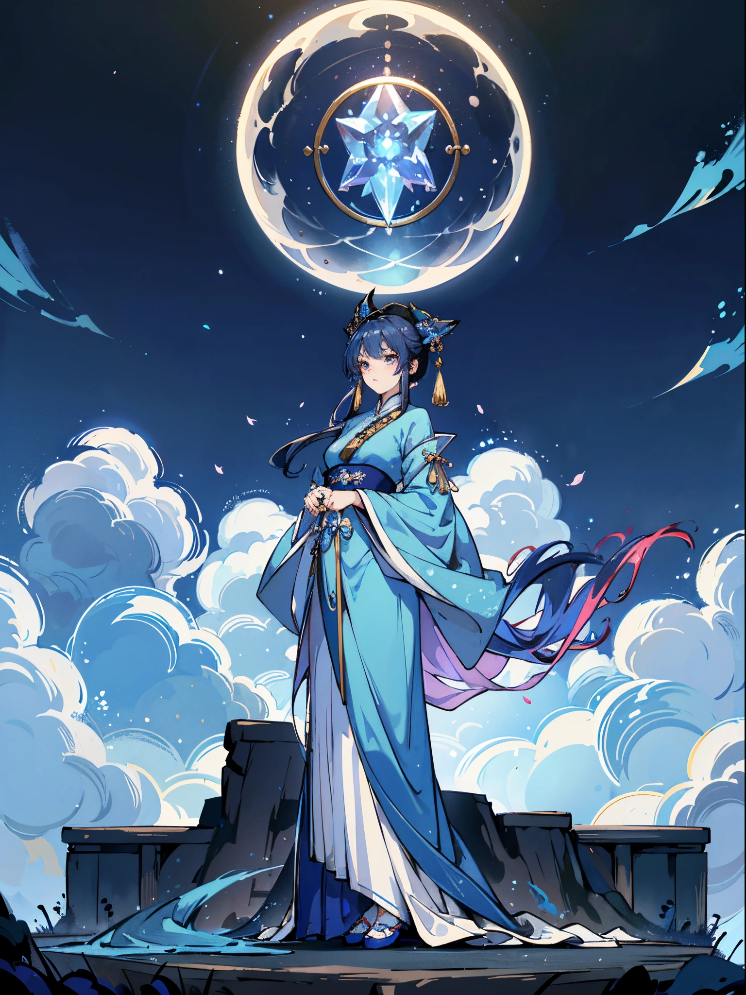 Close-up of a woman in a blue dress standing on stage, full-body xianxia, lunar themed attire, astral witch clothes, inspired by Li Mei-shu, cotton cloud mage robes, fantasyoutfit, tai costume, cloud mage robes, inspired by Leng Mei, Yun Ling, full-body wuxia, flowing magical robe, Xianxia