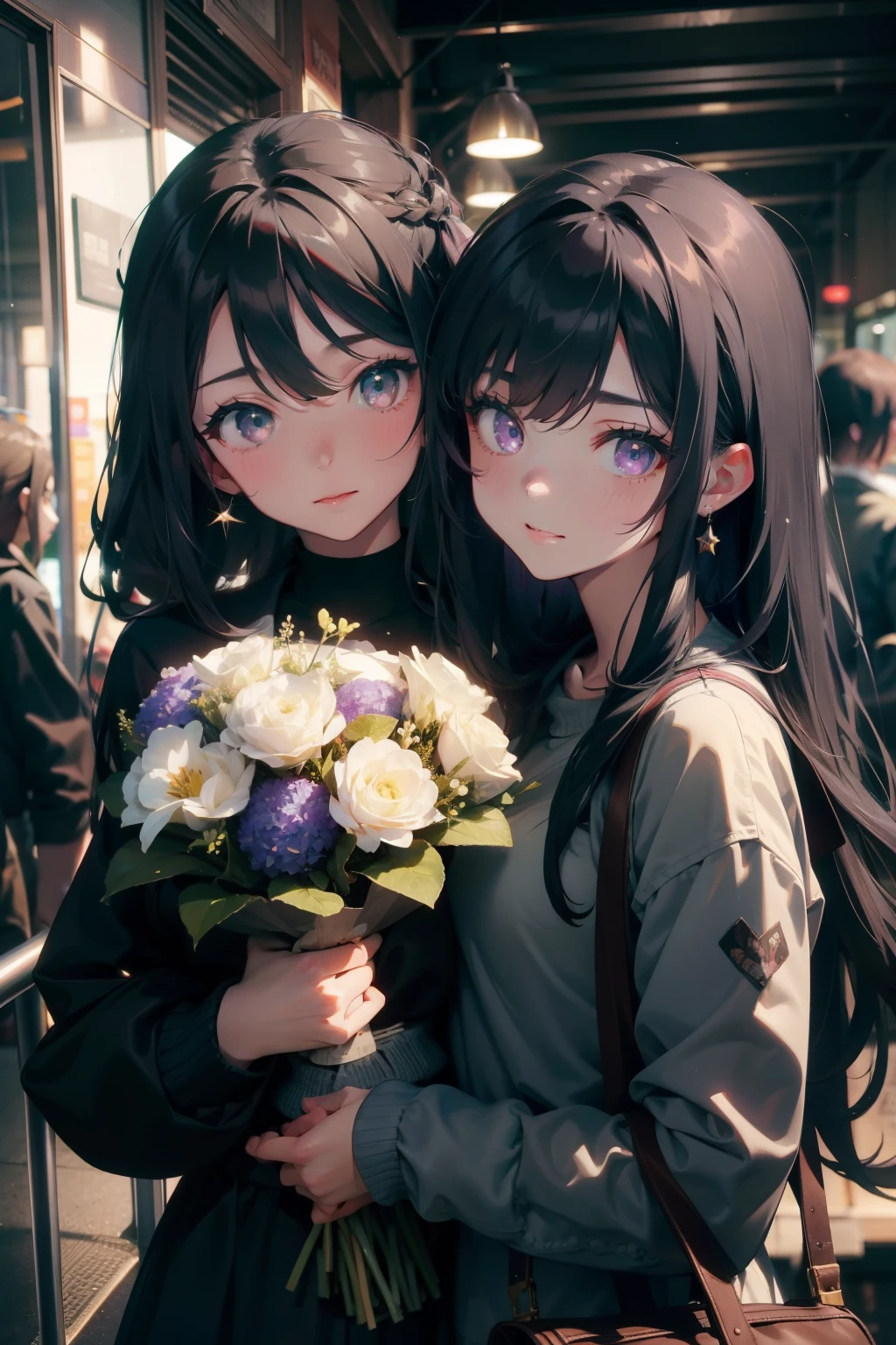 Two girls hugging each other, One has long black hair......., Purple eyes..., The other has long ash-gray hair......., Green eyes..., High quality, a couple , Girls love girls............., Yuri ,beautiful Girl, lesbian, Lovers ,. Koi., . expression of love. Lovers. date. , street wear. Jacket ,Room,Holding a bouquet of flowers,Celebrate,