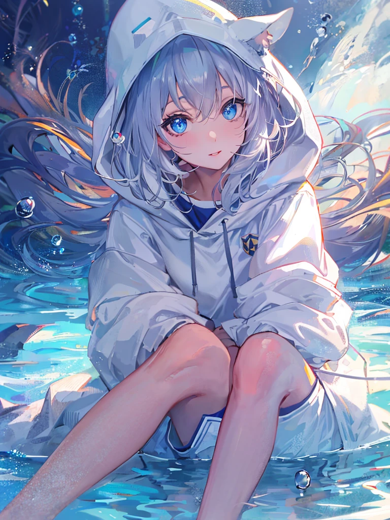((top-quality)), ((​masterpiece)), ((ultra-detailliert)), (Extremely delicate and beautiful), girl with, 独奏, cold attitude,((White hoodie)),She is very(relax)with  the(Settled down)Looks,depth of fields,Evil smile,Bubble, under the water, Air bubble,Underwater world bright light blue eyes,inner color with bright gray hair and light blue tips,,,,,,,,,,,,,,,,,,,,Cold background,Bob Hair - Linear Art, shortpants、knee high socks、White uniform like school uniform、Light blue ribbon ties、Clothes are sheer、Hands in pockets、Bright eyes like sapphire,Fronllesse Blue, A small blue light was floating、fantastic eyes、selfy,Self-shot、Her bangs fall over her eyes and give her a sexy look