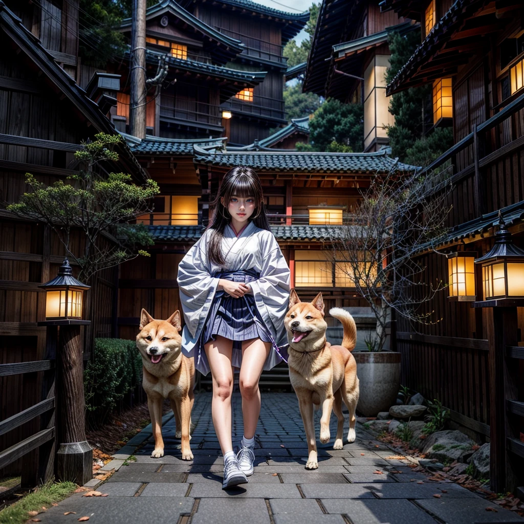 Beautiful girl playing with Japanese Shiba Inu