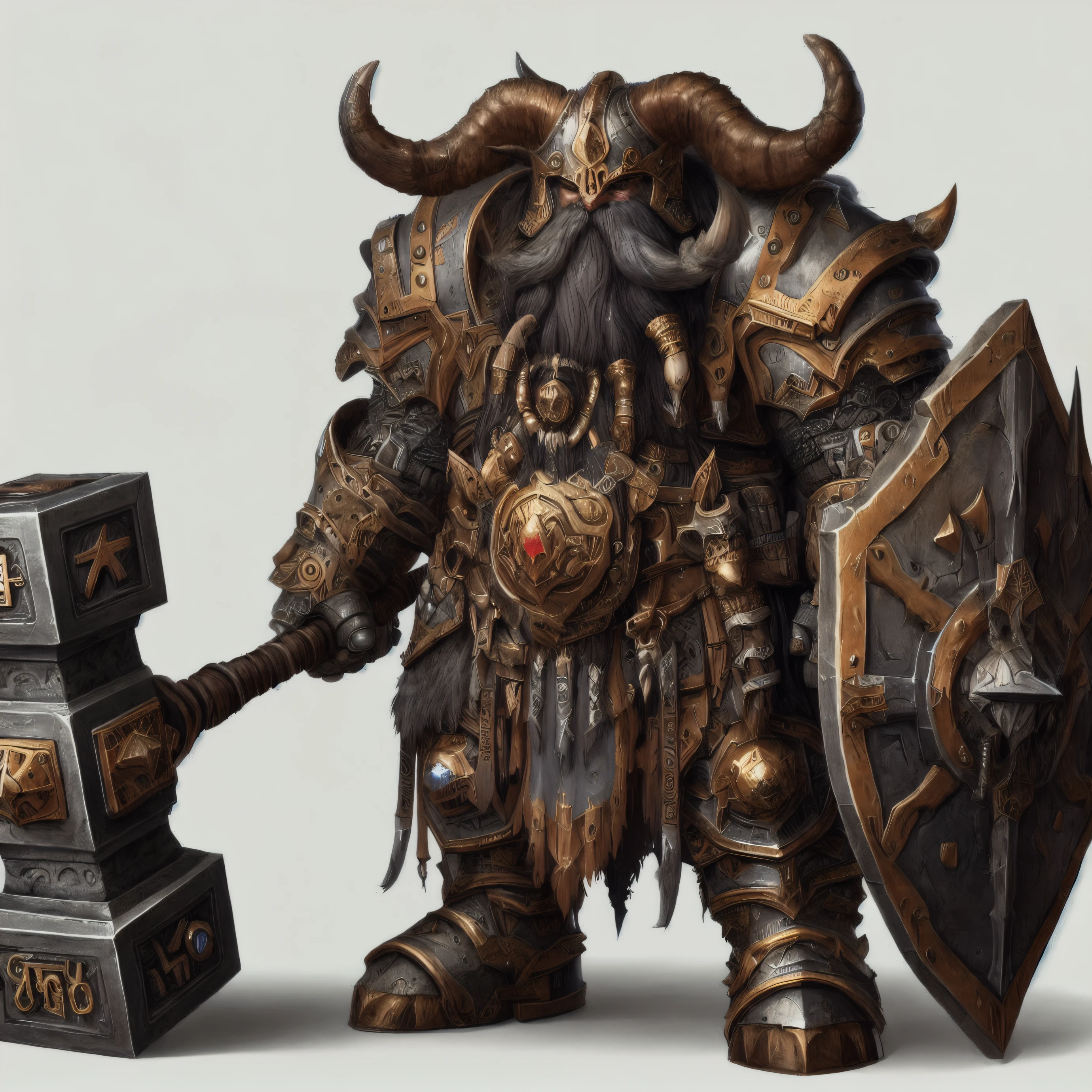 close-up of a dwarf in horned helmet holding a hammer, dwarvin, Minotauro em antiga armadura dourada, personagem de fantasia hiper-detalhado, portrait of a dwarf warrior, armadura de fantasia dourada pesada, golden heavy fantasy armor rendering, barbarian class, epic fantasy character art, dnd dwarf, Dwarf, conceito de personagem de fantasia heroica, Conceito de personagem DND Golias, Arte conceitual de um guerreiro, Mundo de Warcraft, Lord of the Rings