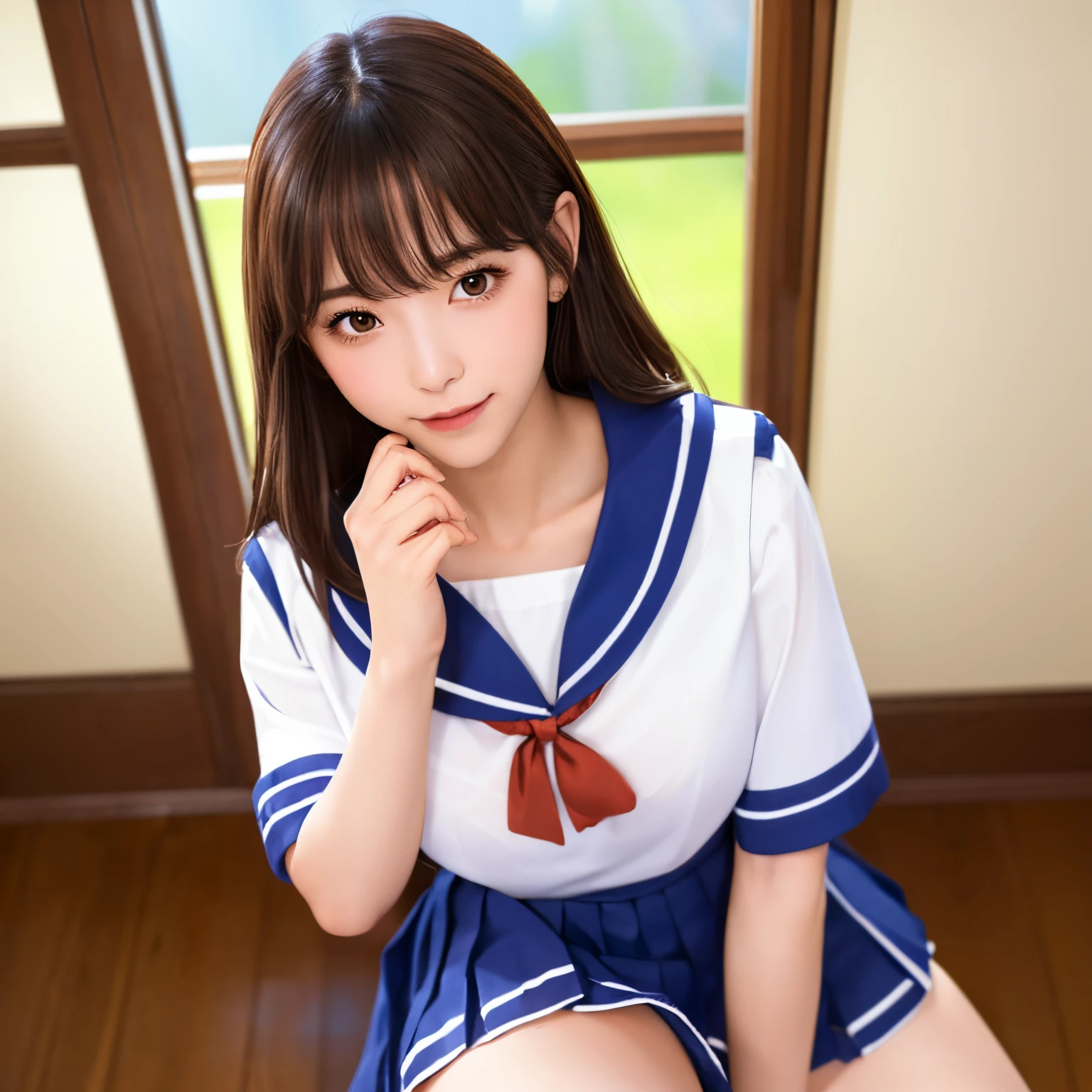 (extremely details CG、Unity、8K Wallpapers)、(extremely delicate and beautiful)、(​masterpiece)、(top-quality:1.0)、(超A high resolution:1.0)、beautiful  lighting、perfect lightning bolt、realistic shadow、[hight resolution]、Detailed skin、ultra-detailliert、detailed faces and eyes、Realistic eyes、Sharp pupils、Beautiful, Inside the classroom、School、Evening glow、beauitful face、blurry backround、18 year old beautiful girl、shinny skin、Side Up、Beautiful black hair、Blunt bangs、a sailor suit、Pleated miniskirt、Gentle smile、NSFW, ((masutepiece, Best Quality)), (Shiny skin), (nffsw, 8K Wallpaper, High resolution), Cinematic lighting, Physically-based rendering, Award-winning, highlydetailed skin, extra detailed face, Eyes with beautiful details, Carl Zeiss 85mm F/1.4, (((1 man and 1 girl, Having sex))), (Cowgirl:1.3), (cum in , On the chest and thighs), Very cute 18 year old schoolgirl, (Brown hair, short-cut, I open my eyes, Round face), just right, (Sailor Blouse, Lifting a pleated skirt yourself:1.3), (((nose blush, Naughty))), looking at away, drool and white liquid flowing, (Spread legs, Thigh Focus), In the classroom, One man is lying on the floor、 Blue Hour, Shot from below,I see something big from the sailor blouse、