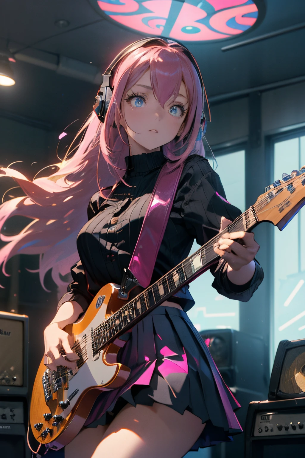 ((masterpiece,best quality))1girl, solo, black skirt, blue eyes, electric guitar, guitar, headphones, holding, holding plectrum, instrument, long hair, , music, one side up, pink hair, playing guiter, pleated skirt, black shirt, indoors