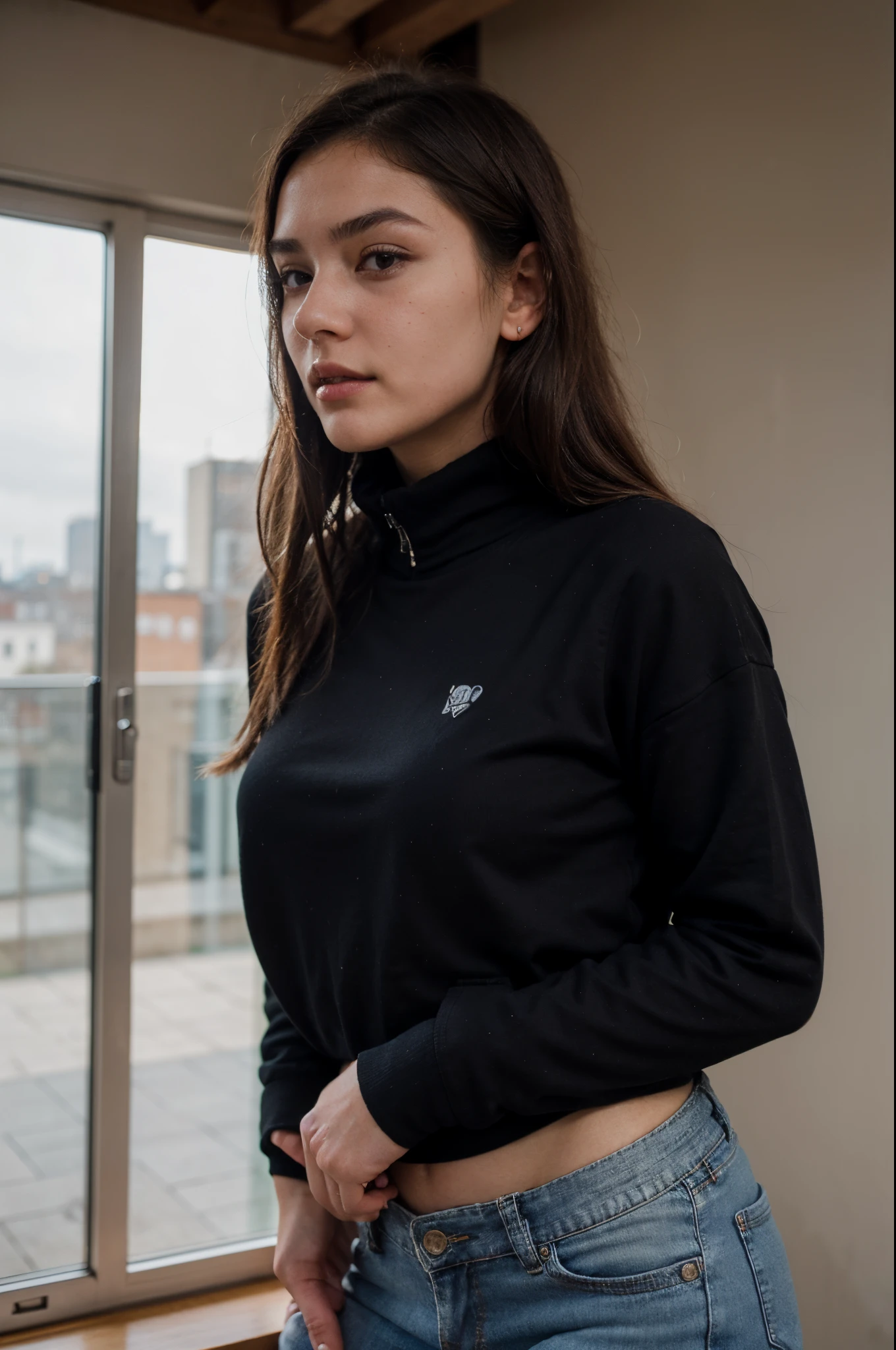 photography of a 20yo woman, perfect face, masterpiece, underwear, black_pullover, jacket, black_jeans, close to face, biometric, profile picture, close, same face, fully clothed, no brand, seductive,