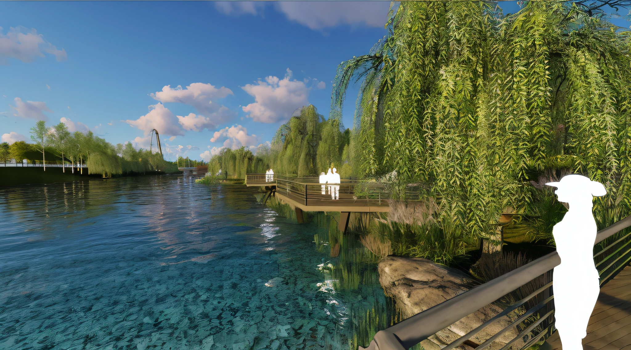There was a man standing on the bridge overlooking a body of water, Rendering in Lumion Pro, Photorealistic rendering, Detailed landscapes, Rendering in Lumion, beautiful rendered, Lumion rendering, highly detailed environments, Luminance rendering, beautiful landscape rendering, real rendering, highly detailed render, cg render, Extremely detailed rendering, fully detailed render