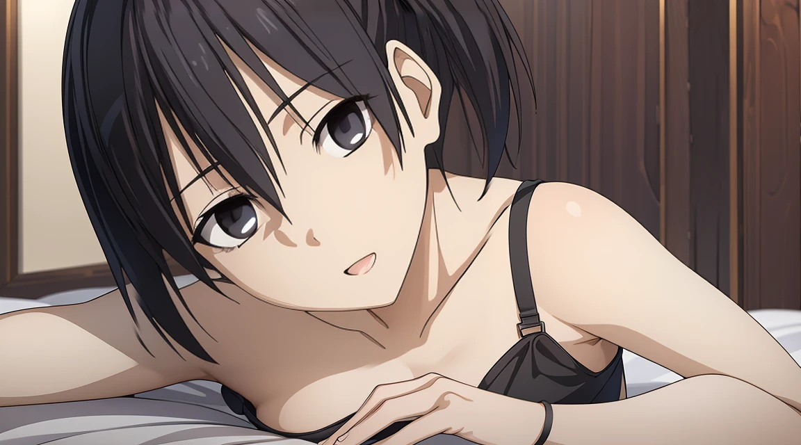 (masterpiece), best quality, expressive eyes, perfect face, kurome , black hair ,short twin ,short hair, black  eyes, medium  breasts, anime art style, official art, slightly head tilt, sexy pose, ((sexy bra)),background modern bedroom on windows open, lying on bed