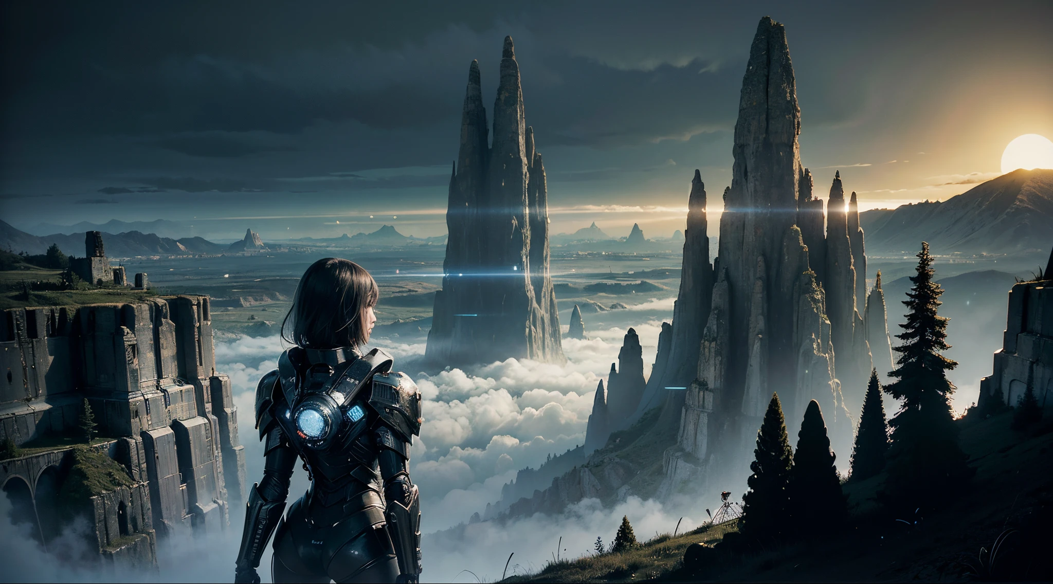 fantasia sombria, The fantastic scenery, paisagem altamente detalhada, luar, alien city The future of science fiction, arte sombria, dystopian atmosphere, Mechanical and retro world, land like Cappadocia, light from the building windows, filmes antigos「Metropolis」Uma paisagem urbana como, dim sky, Overcast sky, grey sky, Huge analog synth wave, An anime girl mechanized like an analog synthesizer exists small in the background., see sky