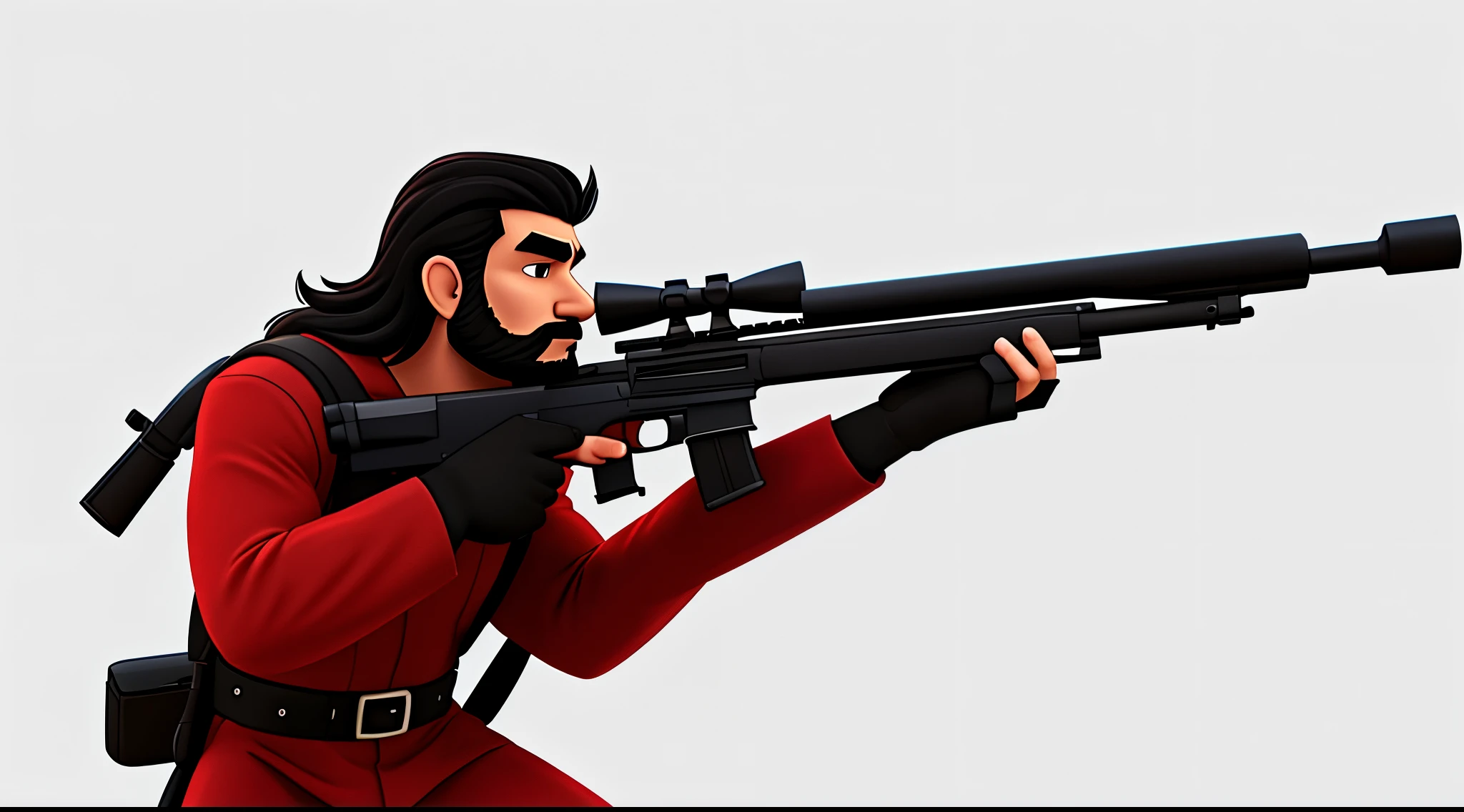 1 Man solo, solo.he has a short black beard and he has black flowing hair. Wearing red. aiming a sniper rifle. white background