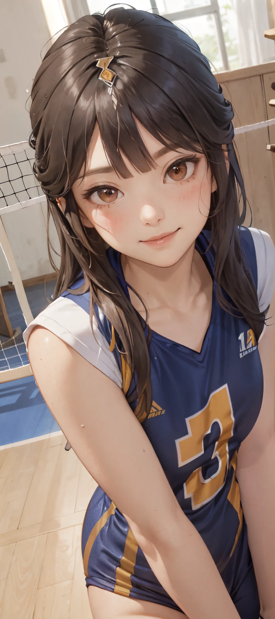 1lady solo, /(volleyball uniform/), /(dark brown hair/) bangs, blush light smile, (masterpiece best quality:1.2) delicate illustration ultra-detailed, BREAK /(volleyball court indoors/)