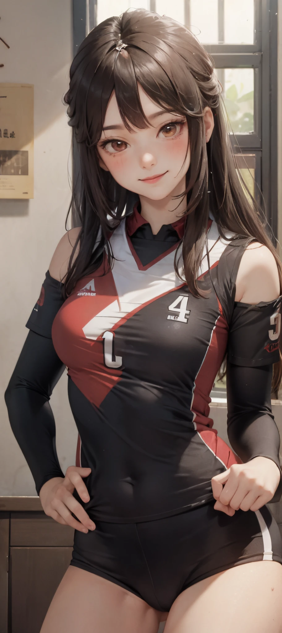 1lady solo, /(volleyball uniform/), /(dark brown hair/) bangs, blush light smile, (masterpiece best quality:1.2) delicate illustration ultra-detailed, BREAK /(volleyball court indoors/)