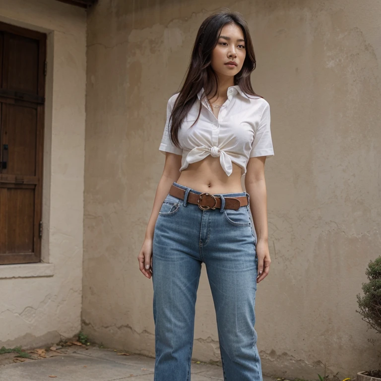 Tied shirt asian woman bare stomach with belt jeans and boots