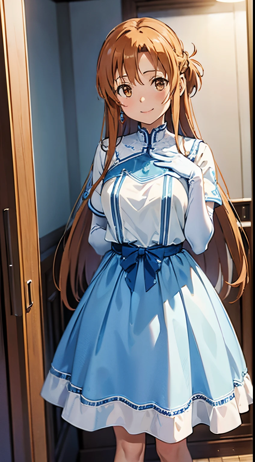 Masterpiece, best quality, high resolution, 4K, Asuna Yuuki \(Sword Art Online\), blue and white dress, beautiful dress, pattern, white long gloves worn, blue earrings, smiling, standing in front of mirror, bedroom