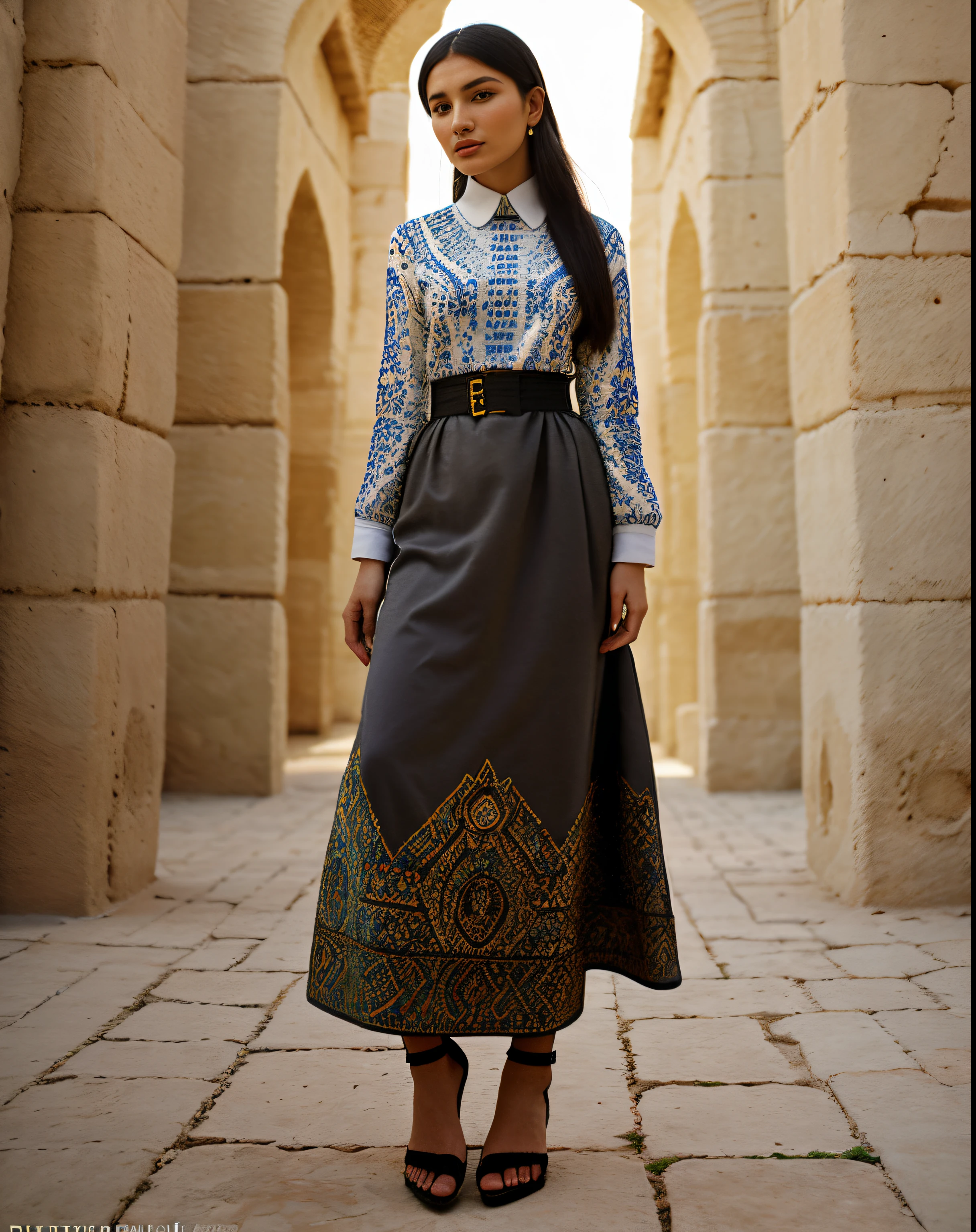 haute couture, A hyper-realistic, dress in the style of the Ark Fortress, ancient citadel in Bukhara, Uzbekistan, material with a traditional pattern or with designs in the spirit of the works of artists of that time: At the same time, clothing models may relate to those times, so be quite modern, Photorealistic, Real hands