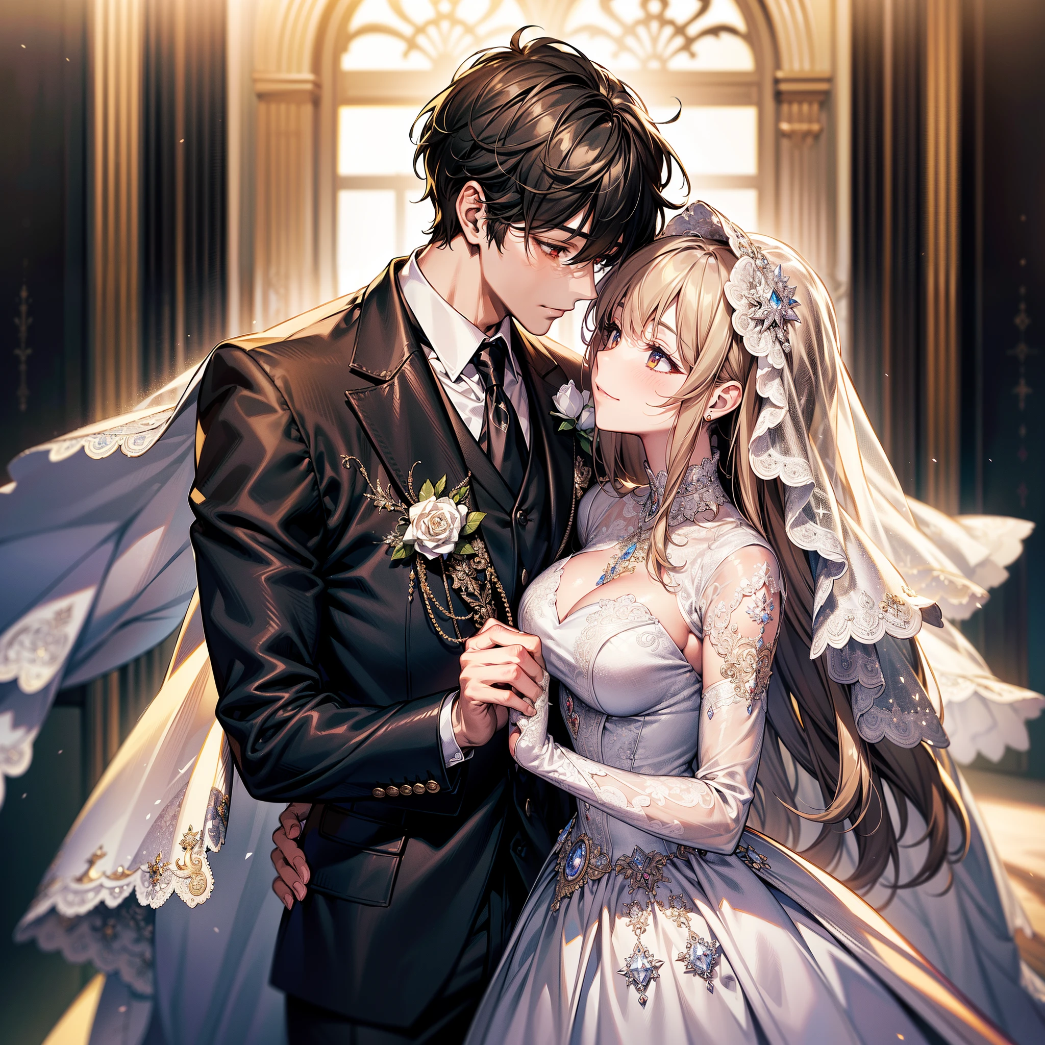 Masterpiece, best quality, high quality, ultra detailed, Close up, Photo of a man and a woman getting married, black suit, woman in white wedding dress (super intricate details), (super detailed CG: 1.2), happy, anime art style, high quality 8K anime wallpaper, RGB lighting