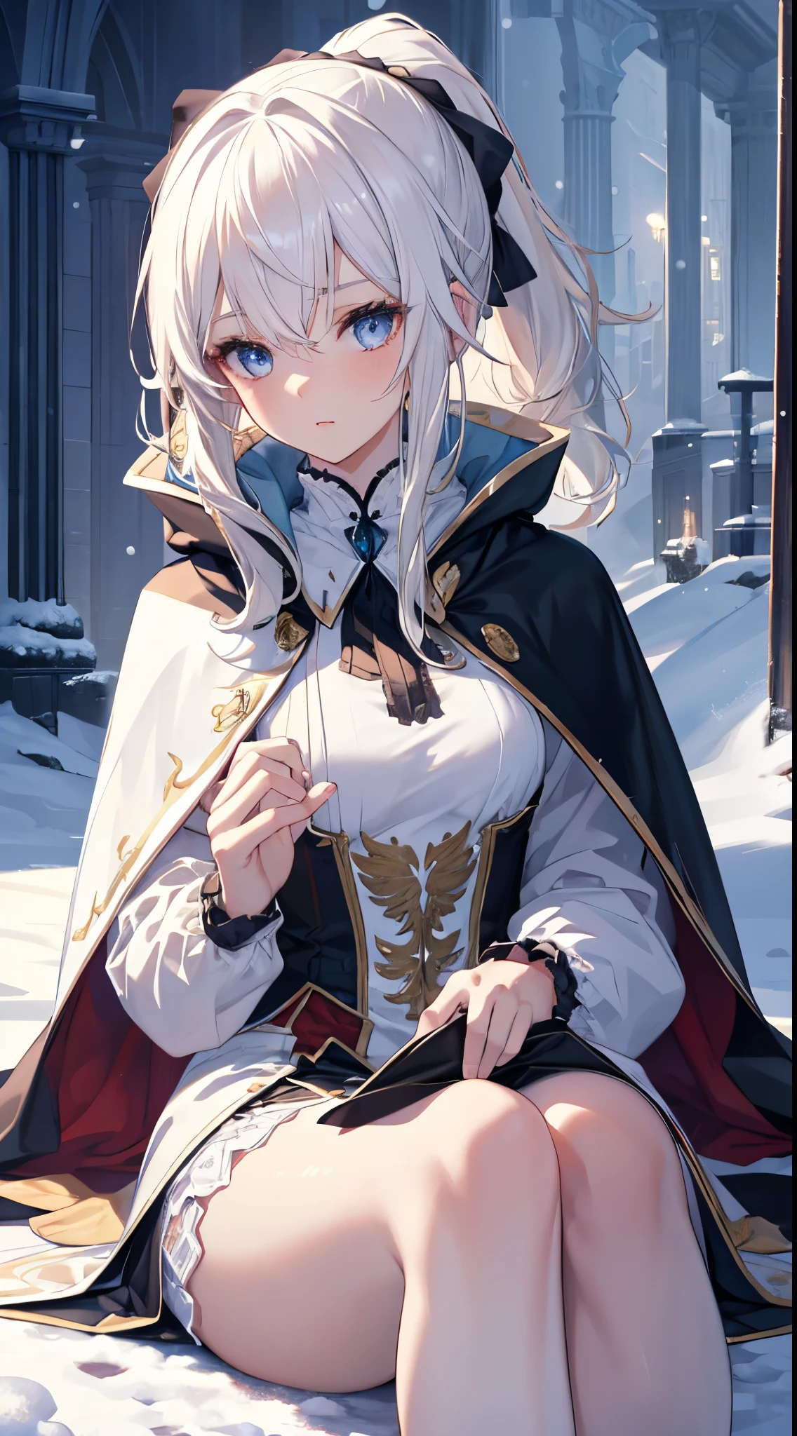 (8K),realisticlying, A high resolution, 1 Women, Alone, (a gorgeous,ta costume), pretty eyes, White hair, eye socket, (sitted,Cloak,blanketed in a mantle of snow),snow field,