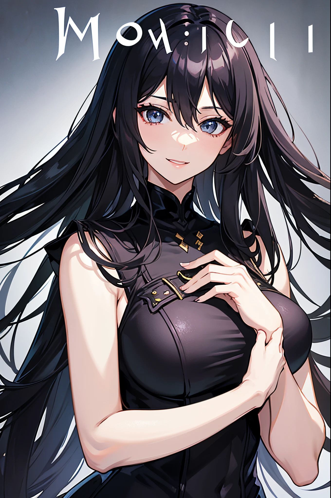 Magazine Cover. Model. Anime. Solo. 1-woman. A young woman with long black hair and black eyes who smiles gently. She is wearing a black clothes embellished in blue. Fantasy theme. Upper body. Half body potrait. More mature. More adult. More milf. More Onee-san. Unusual hair style.