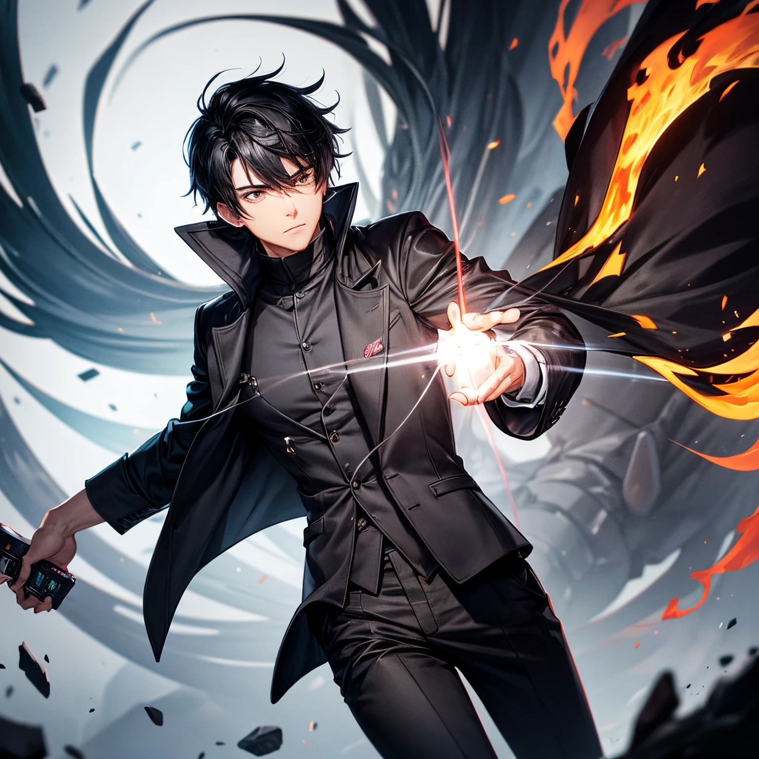 A man with black hair gray jacket and black pants and controls the element of fire