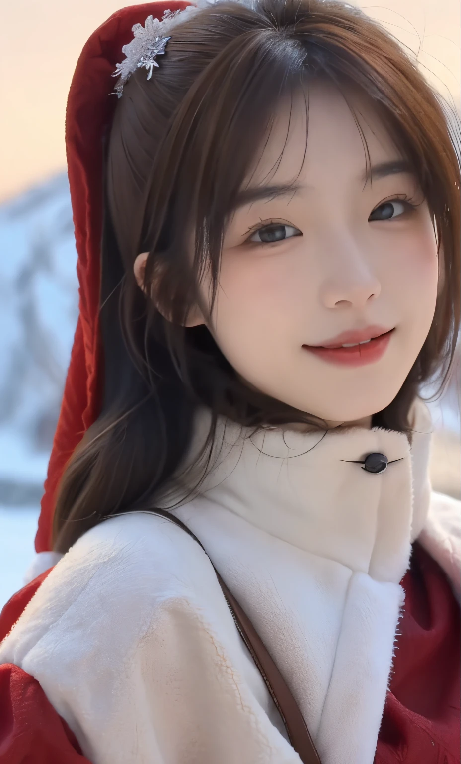 snow mountains、a ski、On the snow、Woman in Santa Claus clothes、((top-quality、8K、​masterpiece：1.3))、foco nítido：1.2、Beautiful Women in Perfect Style：1.4、Slender Abs：1.2、((dark brown hair、Colossal tits：1.2))、Highly detailed facial and skin texture、A detailed eye、二重まぶた、The upper part of the body、(Santa Claus clothes:1.1)、A smile、(See Viewers、Looking at the camera)、(Close-up photos)