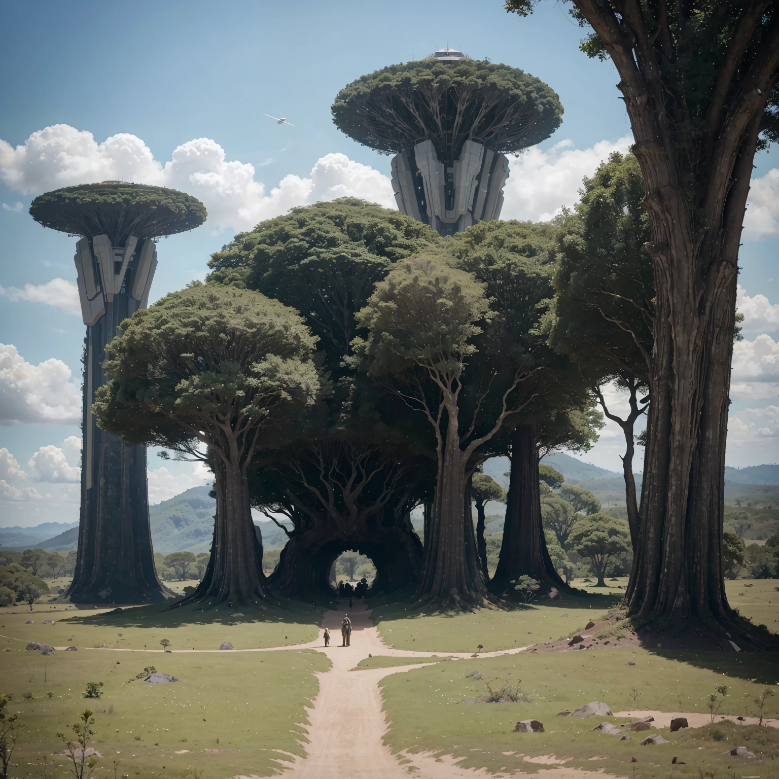 an incredible masterpiece of a giant trees, 8k, atmospheric art, an unexplored planet, an open plateau, a jungle, giant trees to the sky, massive mountains on the horizon, a futuristic-looking space base (Sci-fi design), people walk on the base, there are futuristic-looking all-terrain vehicles, two natural satellites in the sky