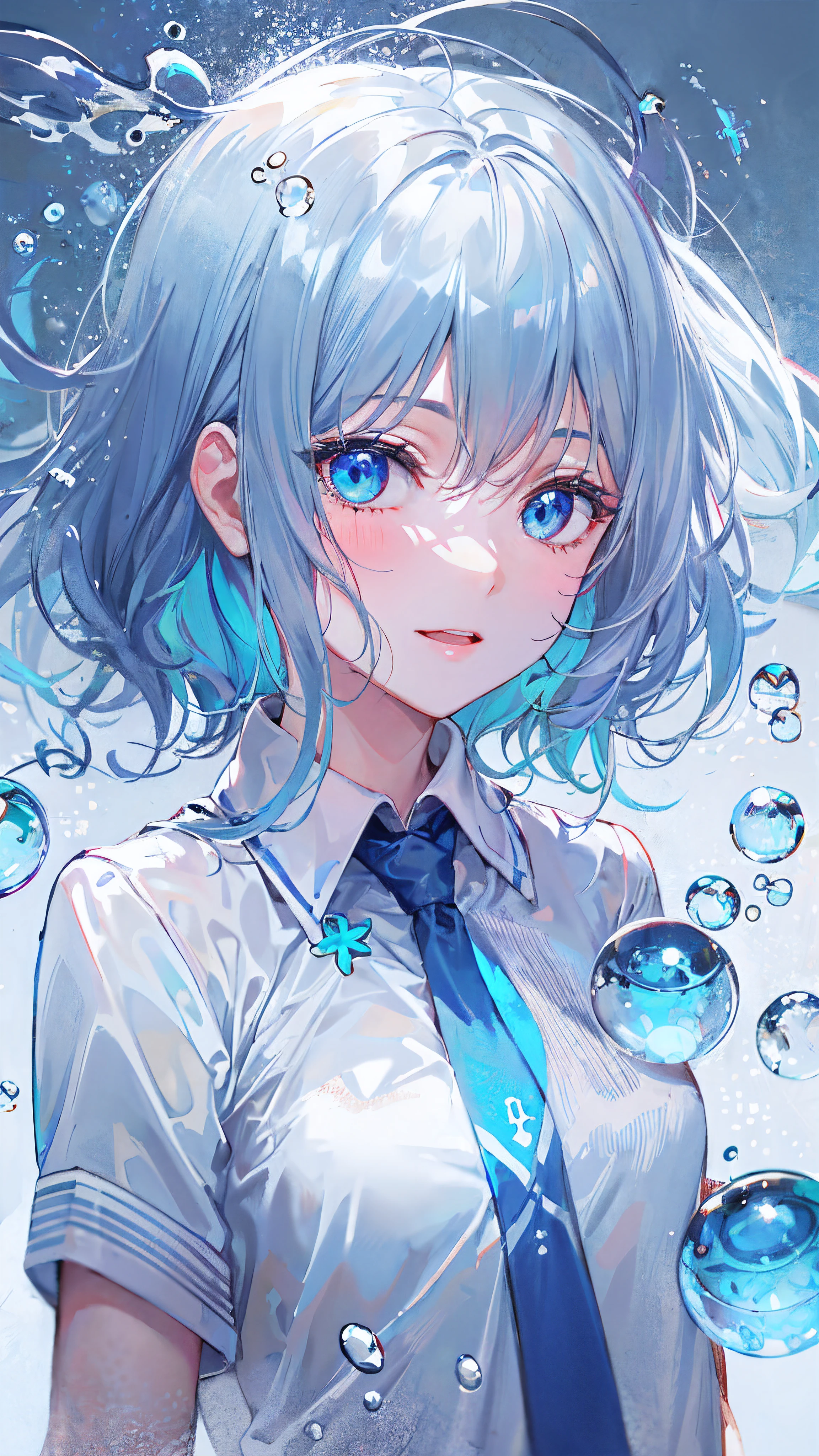 ((top-quality)), ((​masterpiece)), ((ultra-detailliert)), (Extremely delicate and beautiful), girl with, 独奏, cold attitude,((Black jacket)),She is very(relax)with  the(Settled down)Looks,depth of fields,Evil smile,Bubble, under the water, Air bubble,Underwater world bright light blue eyes,inner color with bright gray hair and light blue tips,,,,,,,,,,,,,,,,,,Cold background,Bob Hair - Linear Art, shortpants、knee high socks、White uniform like school uniform、Light blue ribbon ties、Clothes are sheer、Hands in pockets、Bright eyes like sapphire,Fronllesse Blue, A small blue light was floating、fantastic eyes、selfy,Self-shot
