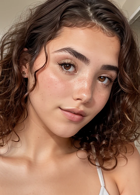 photo of FranceskaFournier Glamour photography young invisible makeup, focus on eyes, close up on face, hair styled Curly Side Swept Hair, ND filter