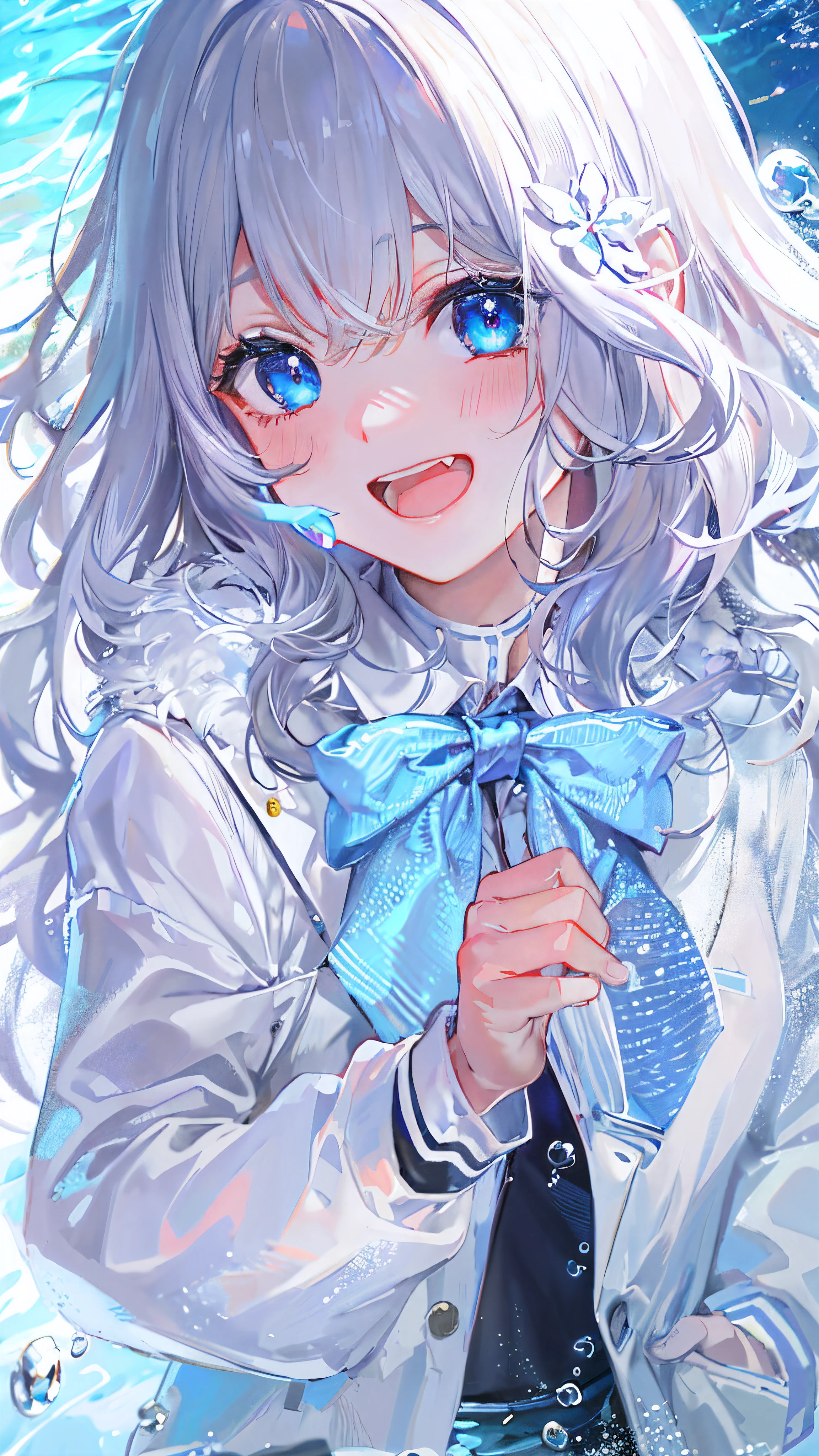 ((top-quality)), ((​masterpiece)), ((ultra-detailliert)), (Extremely delicate and beautiful), girl with, 独奏, cold attitude,((swim wears)),She is very(relax)with  the(Settled down)Looks,depth of fields,Evil smile,Bubble, under the water, Air bubble,Underwater world bright light blue eyes,inner color with bright gray hair and light blue tips,,,,,,,,,,,,,,,,,,,,Cold background,Bob Hair - Linear Art, shortpants、knee high socks、White uniform like school uniform、Light blue ribbon ties、Clothes are sheer、Hands in pockets、Bright eyes like sapphire,Fronllesse Blue, A small blue light was floating、fantastic eyes、selfy,Self-shot