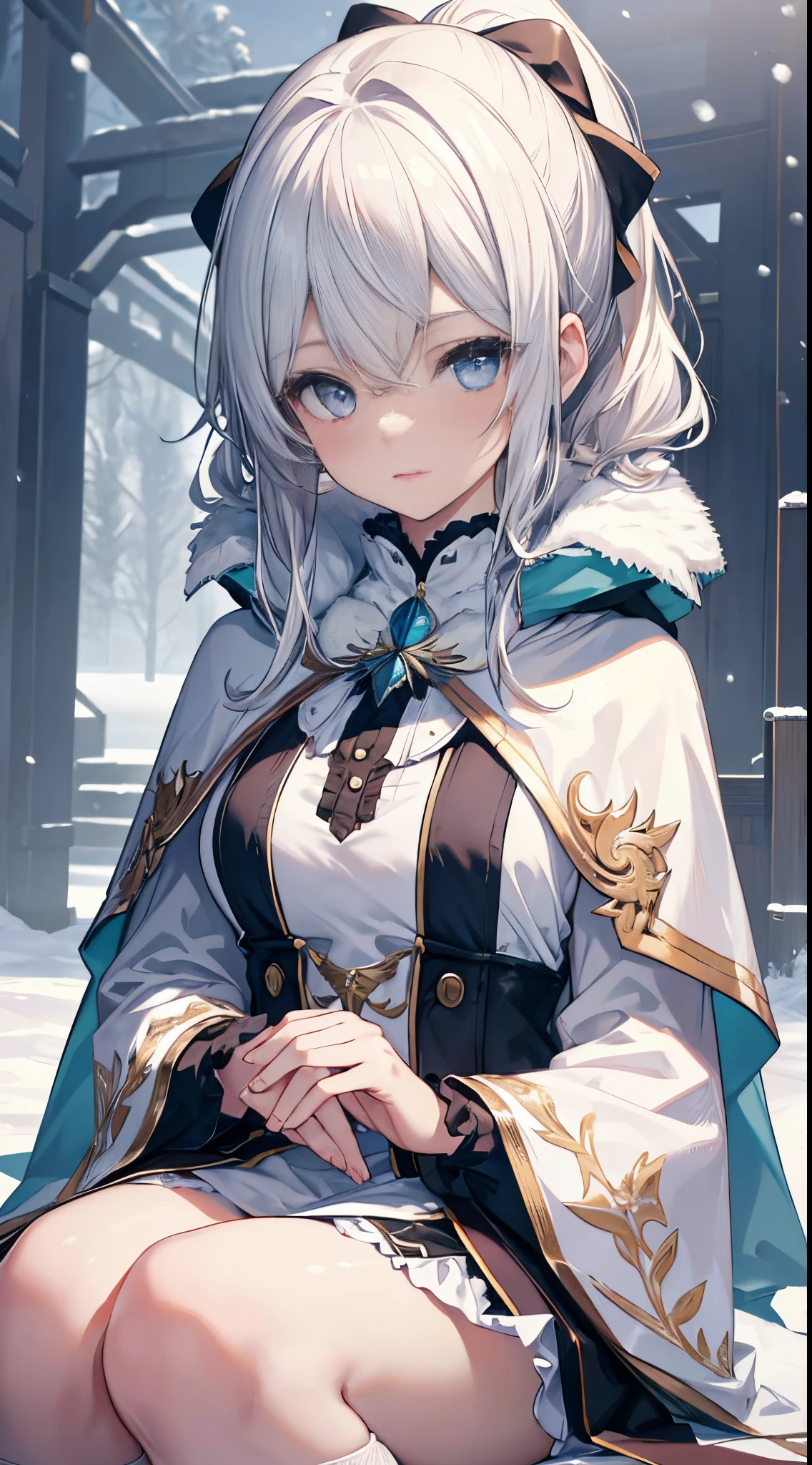 (8K),realisticlying, A high resolution, 1 Women, Alone, (a gorgeous,Lolita costume), pretty eyes, White hair, eye socket, (sitted,Cloak,blanketed in a mantle of snow),snow field,