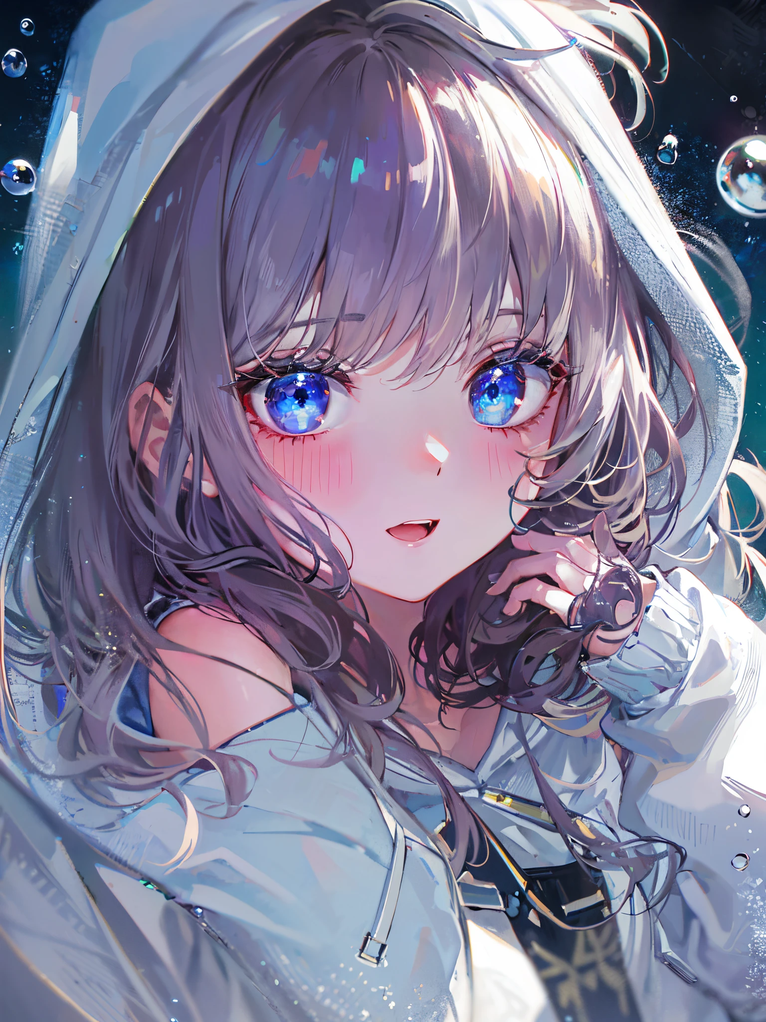 ((top-quality)), ((masterpiece)), ((ultra-detailliert)), (Extremely delicate and beautiful), girl with, 独奏, cold attitude,((White hoodie)),She is very(relax)with the(Settled down)Looks,depth of fields,Evil smile,Bubble, under the water, Air bubble,Underwater world bright light blue eyes,inner color with bright gray hair and light blue tips,,,,,,,,,,,,,,,,,,,,,Cold background,Bob Hair - Linear Art, shortpants、knee high socks、White uniform like school uniform、Light blue ribbon ties、Clothes are sheer、Hands in pockets、Bright eyes like sapphire,Fronllesse Blue, A small blue light was floating、fantastic eyes、selfy,Self-shot、The bangs fall over the eyes, giving a sexy impression.