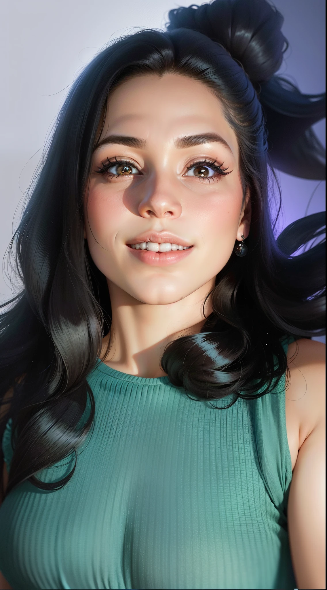 There is a woman with long black hair smiling at the camera from the Disney cartoons, princesa disney cartoon, imagem de perfil, Foto de perfil do headshot, Directed by: Emma Rios, Foto realista, fernanda suarez, com maquiagem profissional, 16k UHD