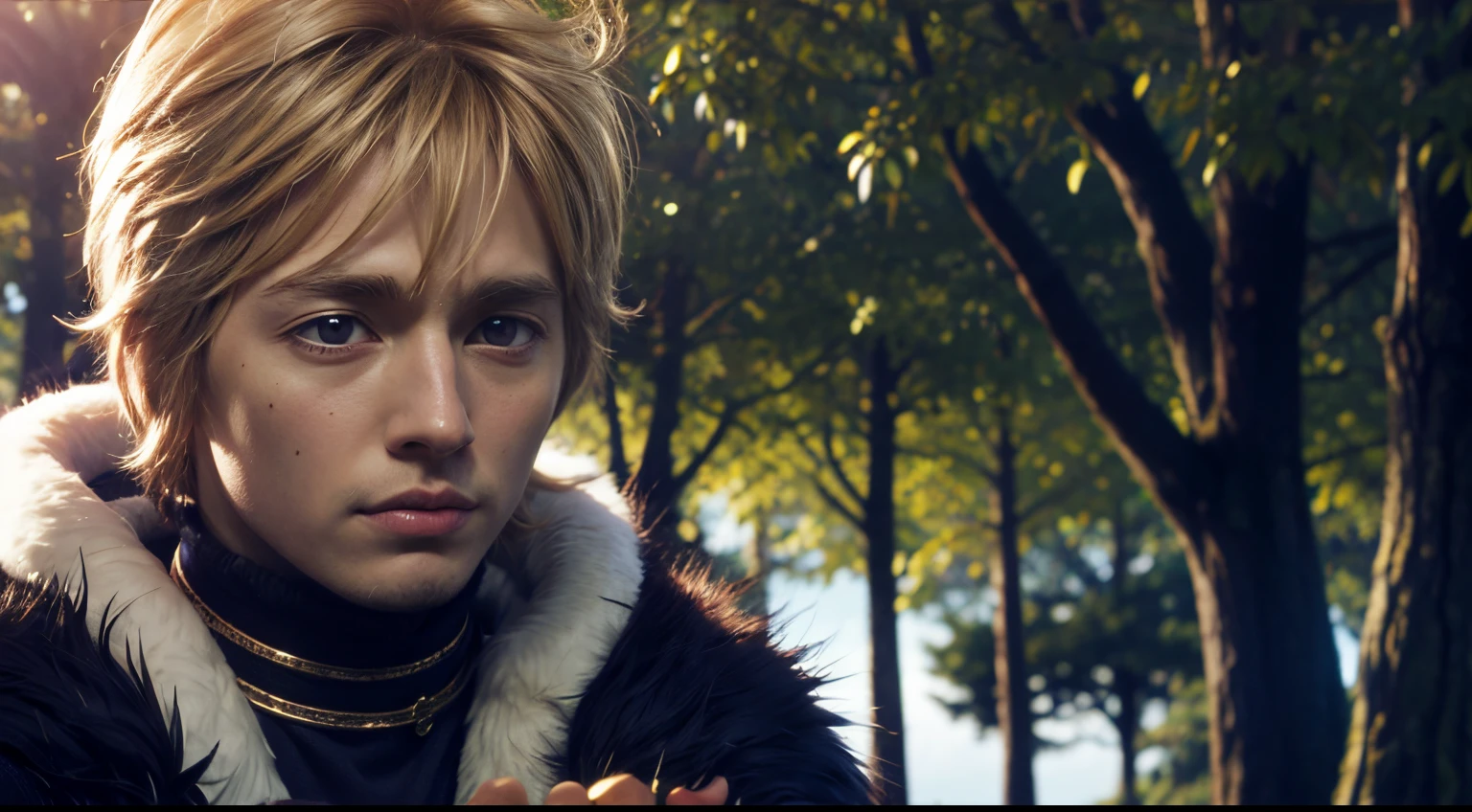 masterpiece, best quality, high quality, 1boy, solo, male focus, looking at viewer, upper body, julius_novachrono, blonde hair, purple eyes, fur trim, realistic