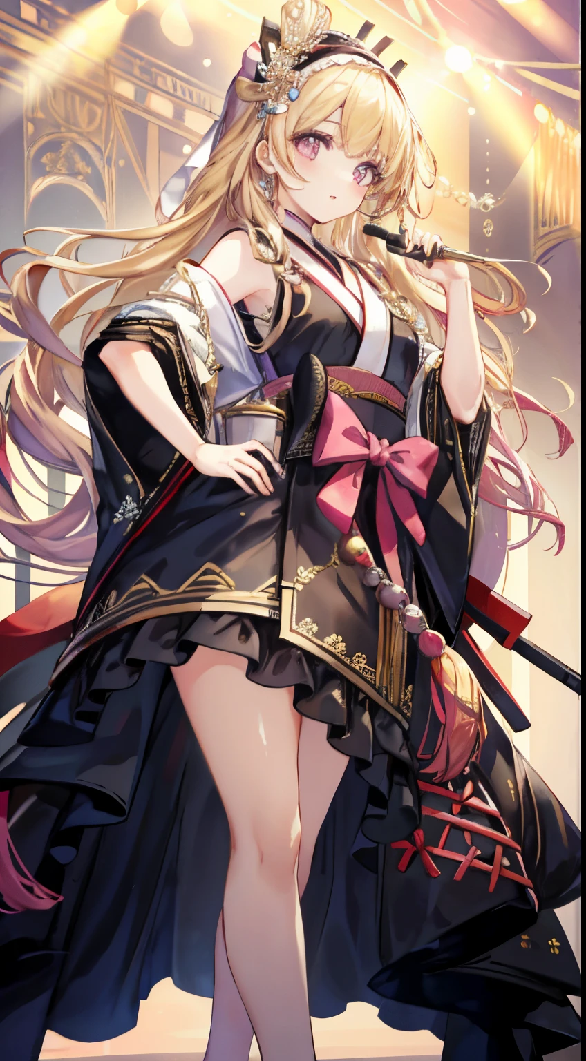 (Complete head：1.9)，meticulous portrayal of face，1 noblewoman，a matural female，Black dress long dress，Pink White Long Hair，(Prom background)，  s the perfect face， perfect hand， Perfect Finger， Perfect lips， perfect  eyes， Perfect background，flatchest，Poor milk，，headband，Long blonde hair，Loose hair，Wearing a hairband and a scrunchie on the head，Long hair and waist，Makoto Rima，medium shot full body portrait，Japanese girl idol performs in gorgeous costumes，Dazzling stage lighting background，Microphone in hand，flatchest，Poor milk，