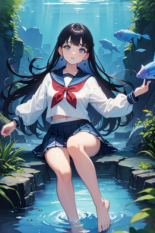 Watercolor, beautiful eyes, (highest quality, Masterpiece: 1.2), night aquarium, neon, (solo), sailor uniform, long sleeves, pleated skirt, beautiful hair, bare feet,