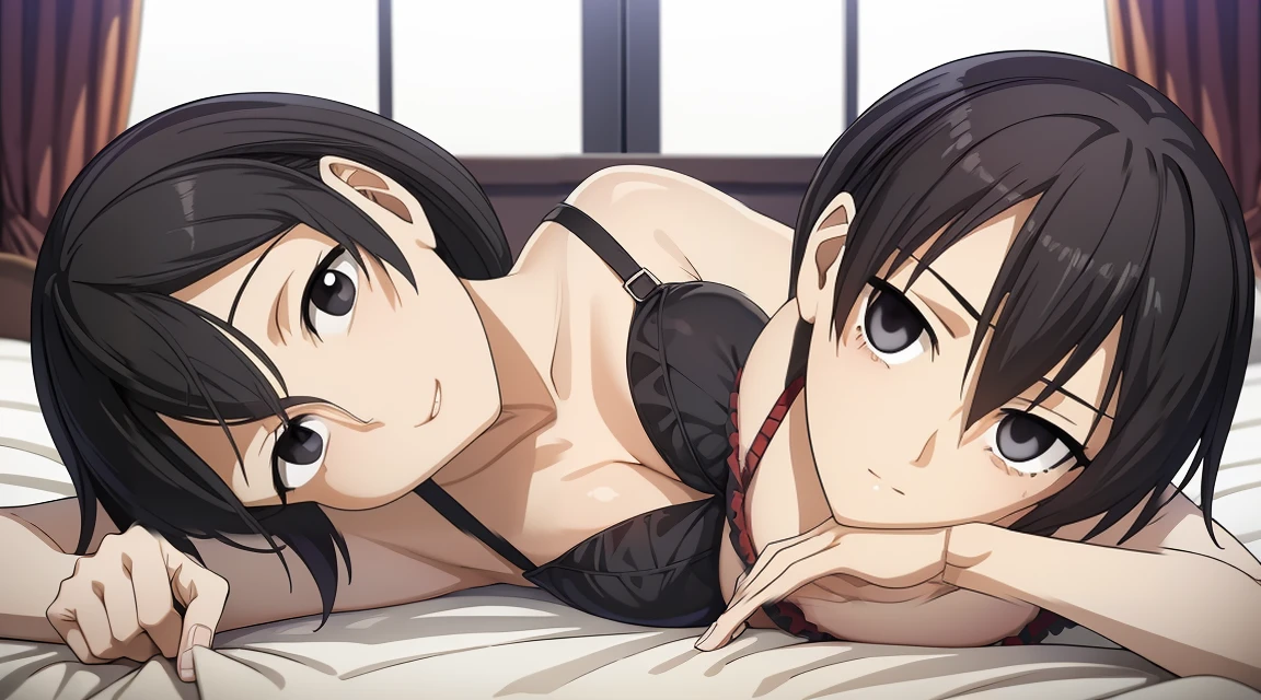 (masterpiece), best quality, 1 girl,expressive eyes, perfect face, kurome , black hair ,short twin ,short hair, black  eyes, medium  breasts, anime art style, official art, slightly head tilt, sexy pose, ((sexy bra)),background modern bedroom on windows open, lying on bed