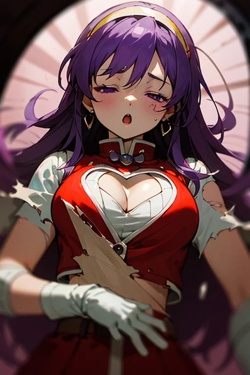 close up, head shot, from front, (masterpiece), (best quality), (ultra-detailed), intricate detail, athena97, 1girl, solo, purple eyes, purple hair, long hair, white earrings, yellow hairband, red heart ornament, medium breats, red vest, white turtleneck, white puffy sleeves, purple sphere shape necklace, white fingerless gloves, photography, (unconscious, pain),cleavage cutout, blurry background, on back, :o, dirty, torn clothes, closed eyes, standing, fisheye, falling