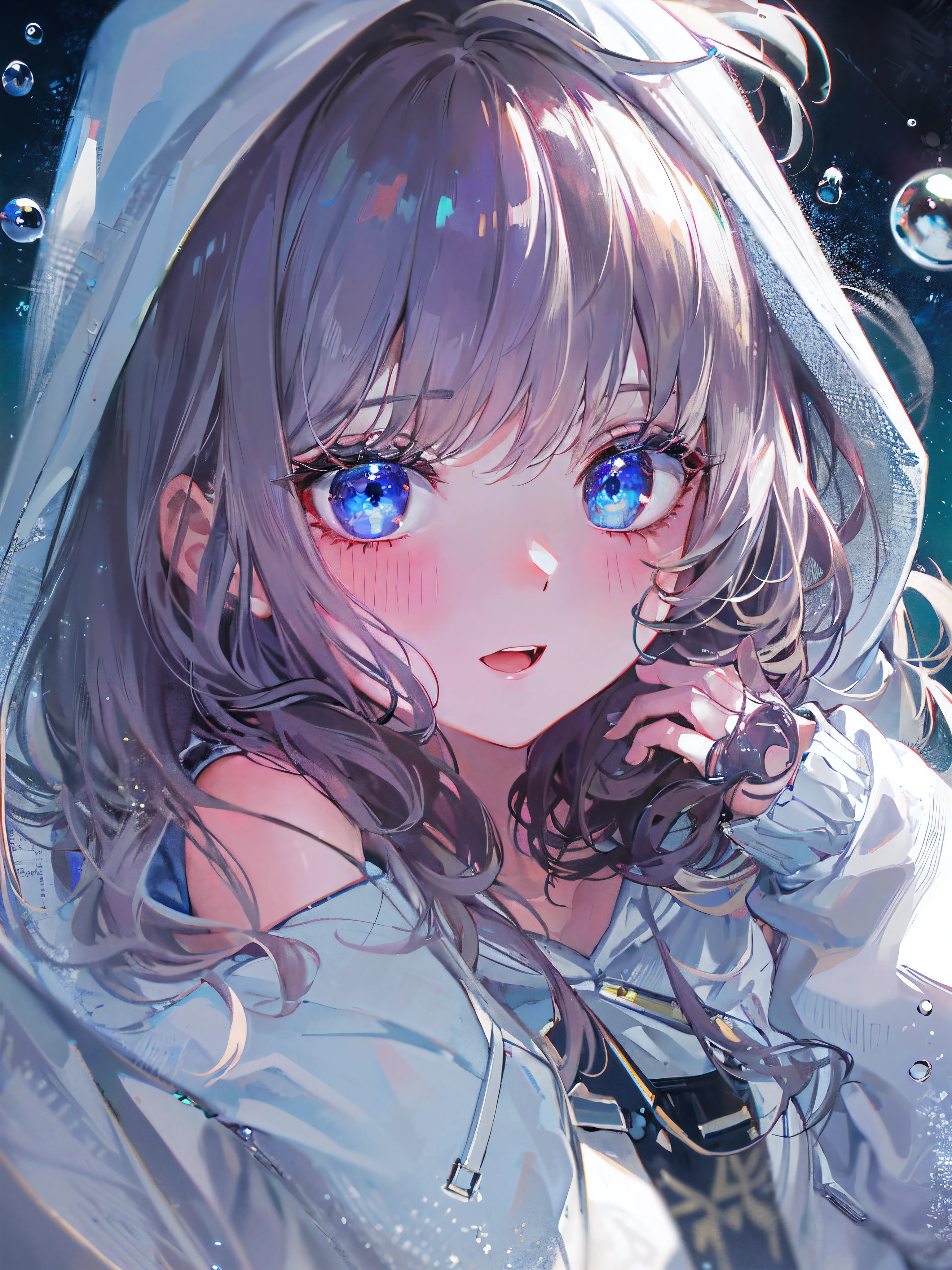 ((top-quality)), ((​masterpiece)), ((ultra-detailliert)), (Extremely delicate and beautiful), girl with, 独奏, cold attitude,((White hoodie)),She is very(relax)with  the(Settled down)Looks,depth of fields,Evil smile,Bubble, under the water, Air bubble,Underwater world bright light blue eyes,inner color with bright gray hair and light blue tips,,,,,,,,,,,,,,,,,,,,,,Cold background,Bob Hair - Linear Art, shortpants、knee high socks、White uniform like school uniform、Light blue ribbon ties、Clothes are sheer、Hands in pockets、Bright eyes like sapphire,Fronllesse Blue, A small blue light was floating、fantastic eyes、selfy,Self-shot、Bangs fall on the eyes, give a sexy impression.