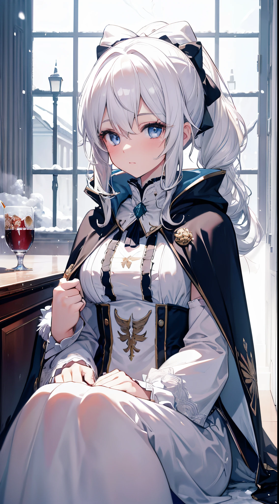 (8K),realisticlying, A high resolution, 1 Women, Alone, (a gorgeous,Lolita costume), pretty eyes, White hair, eye socket, (sitted,Cloak,blanketed in a mantle of snow),snow field,