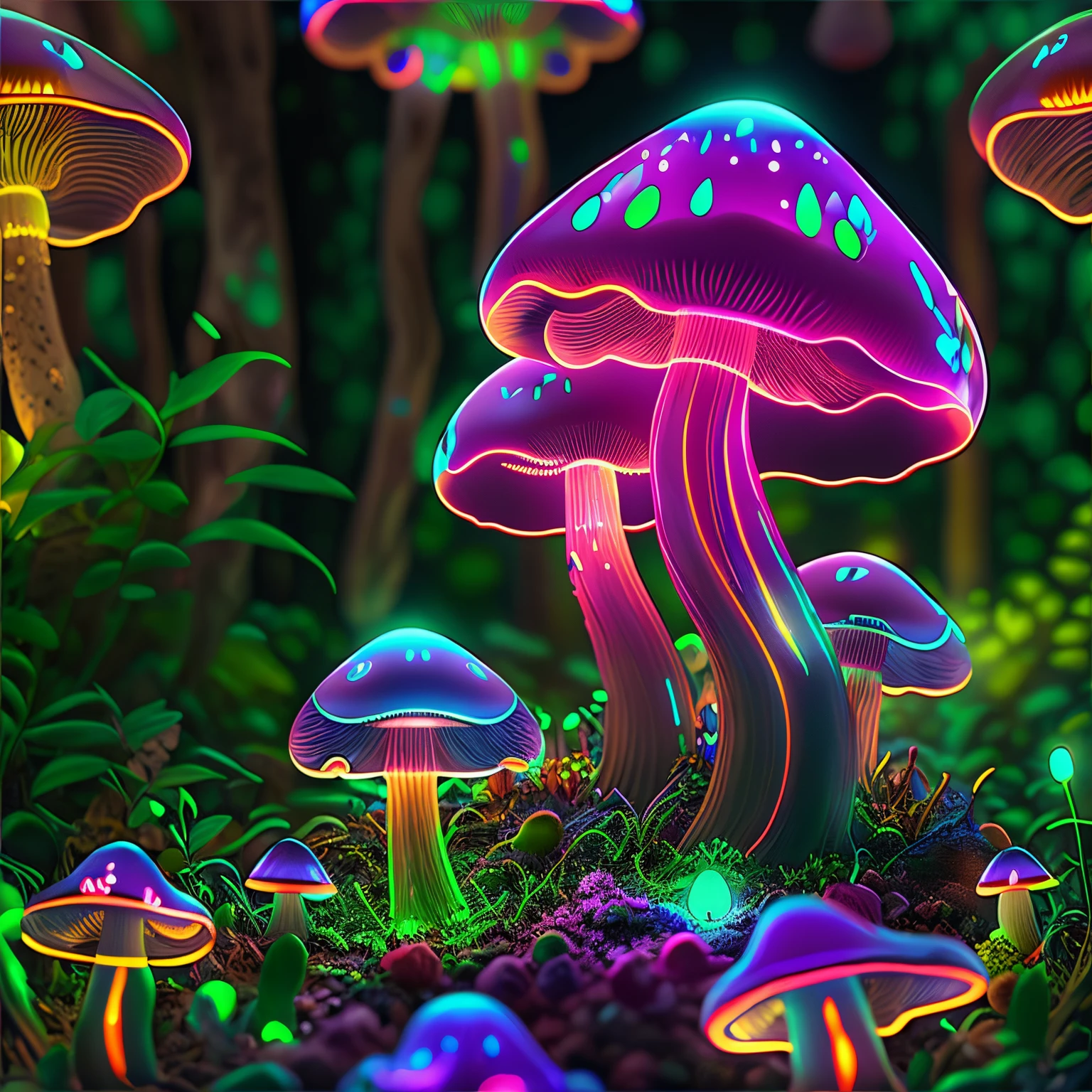 1 transparent glowing mushroom, ((Solo)), Colorful transparent luminous plastic,cyber punk perssonage,industrial design,cleanness,luminous neon lights,forest backgrou,ultra-realistic realism,hyper HD,high detal,best qualtiy,8k