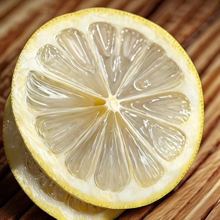 A Lemon slice, cinematic shot, against backdrop of wooden table, water droplets, intrinsic details, hyper-realistic, high resolution.