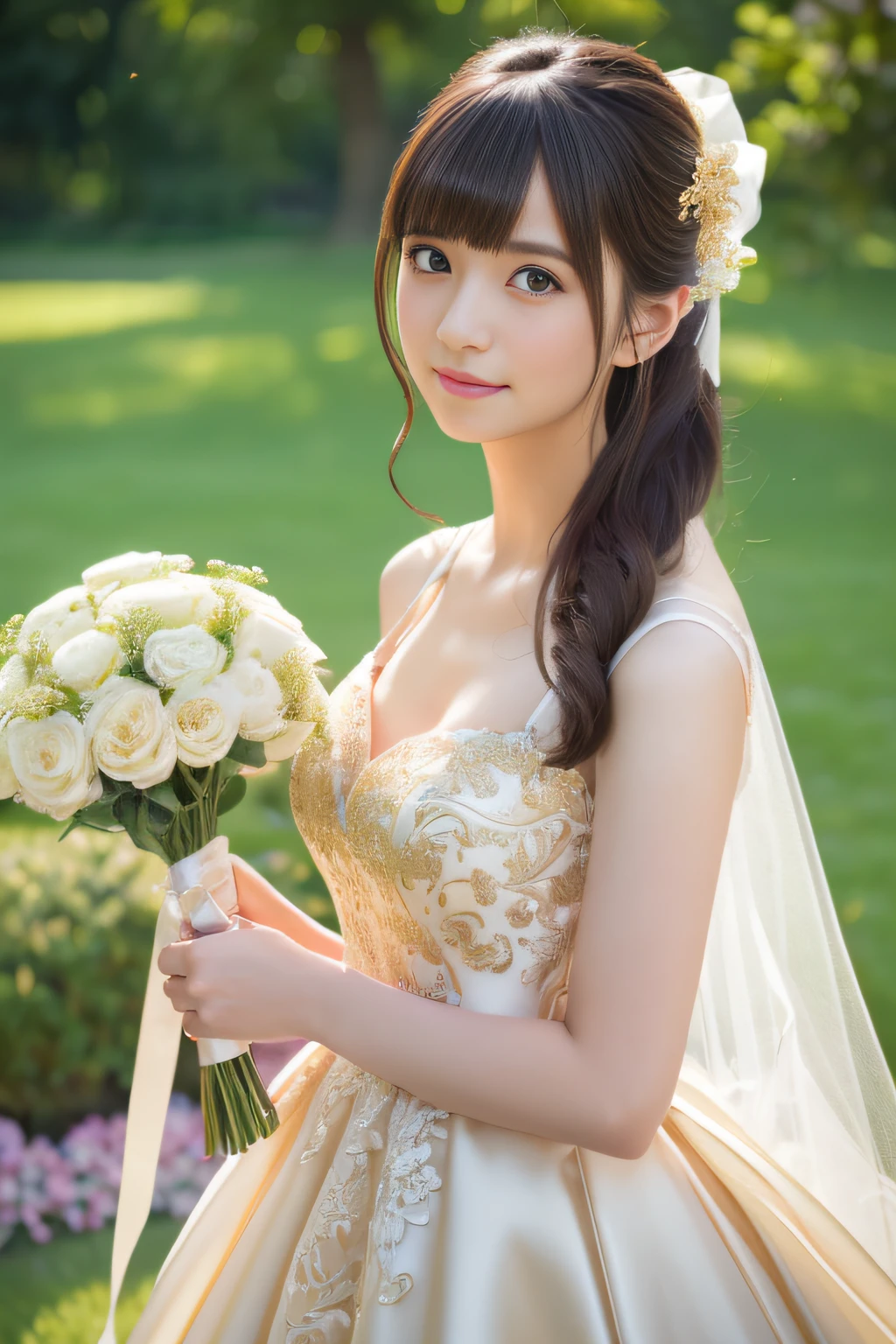 (Best Quality,4K,hight resolution,masutepiece:1.2),Ultra-detailed,(Realistic:1.37)
1girl in,wearing a golden wedding dress,Holding flowers,The pattern of the wedding dress is clear,Beautiful 24 year old girl on the background of the beautiful wedding lawn.