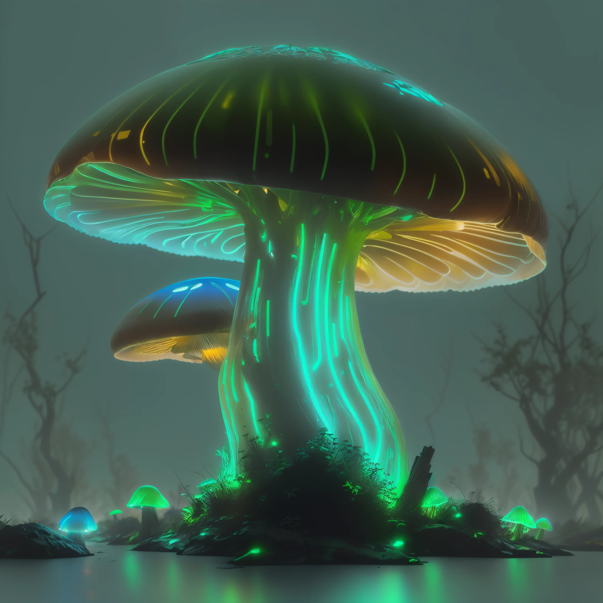 1 transparent glowing mushroom, Colorful transparent luminous plastic,cyber punk perssonage,industrial design,cleanness,luminous neon lights,forest backgrou,ultra-realistic realism,hyper HD,high detal,best qualtiy,8k