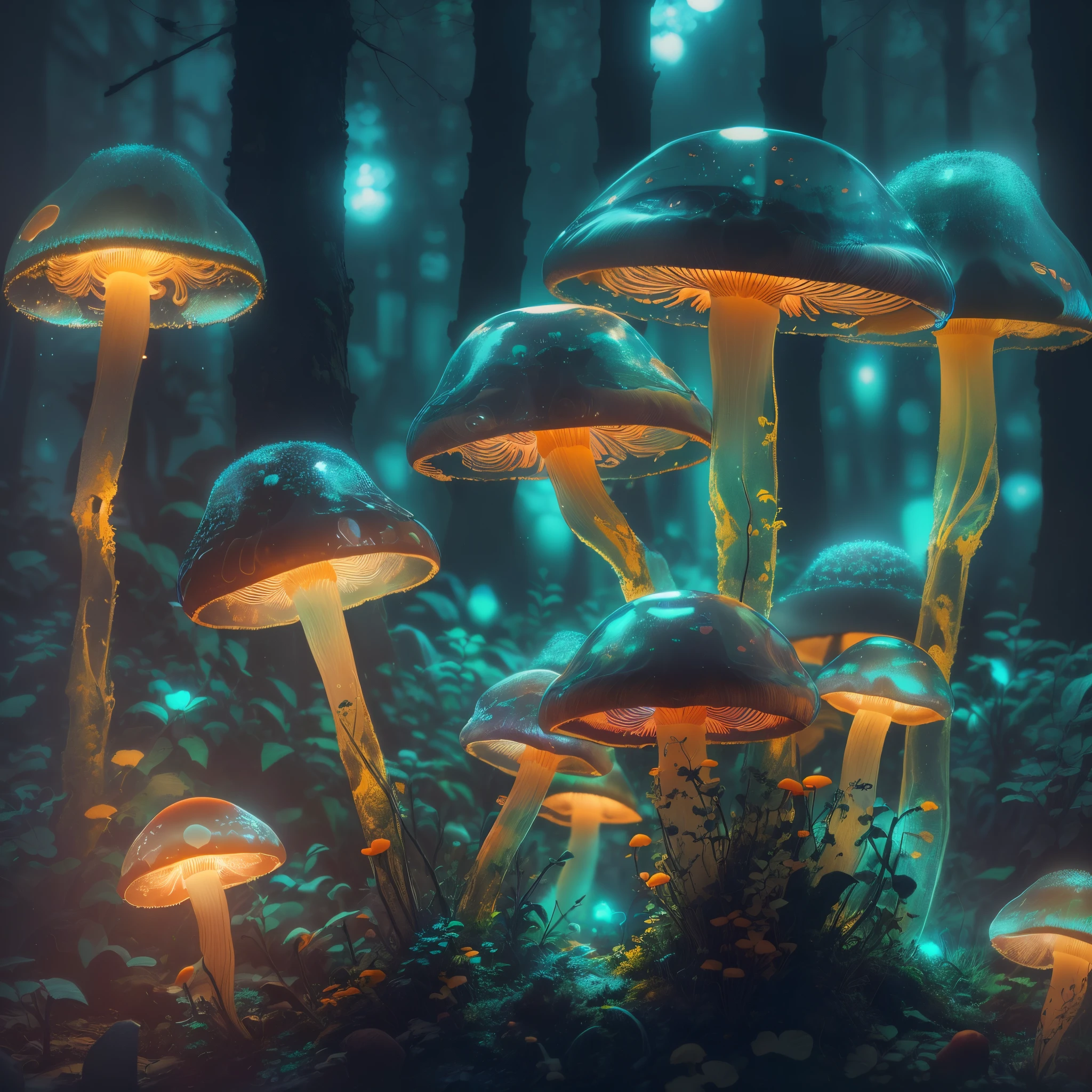 1 transparent glowing mushroom, colorful transparent glowing plastic, cyberpunk, industrial design, clean, glowing neon, forest background, surreal, ultra high definition, high details, best quality, 8k