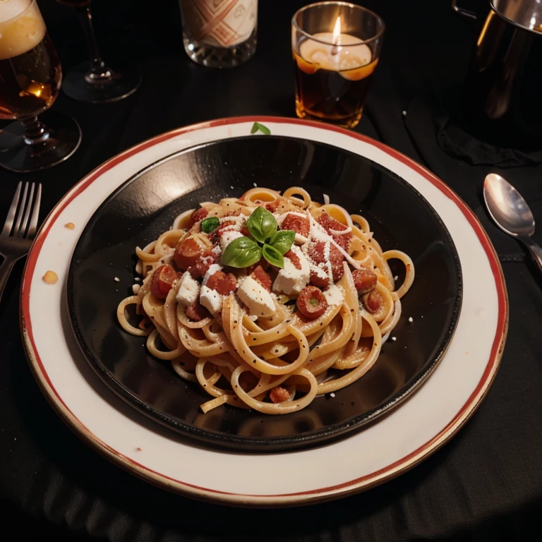 Carbonara pasta in black plate with red square cloth