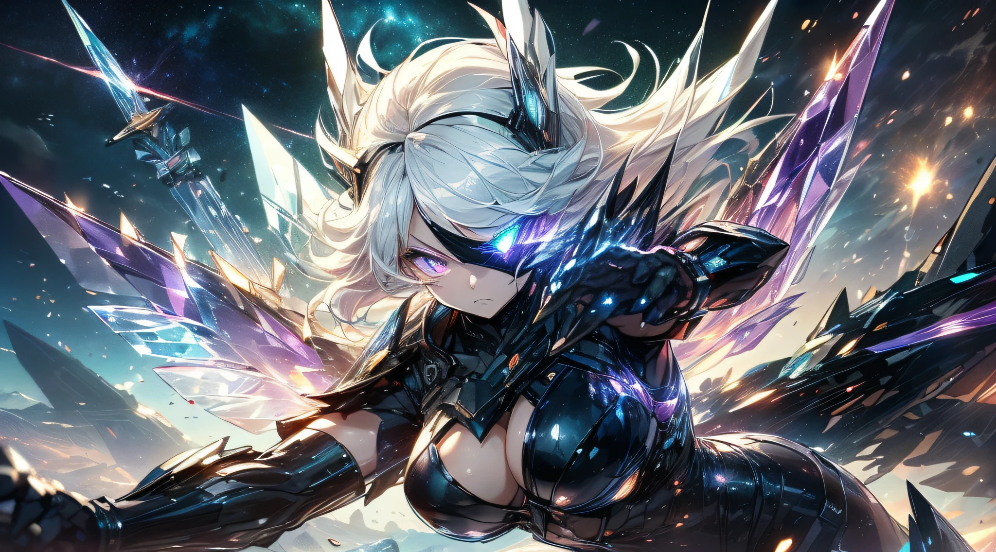 top-quality、Top image quality、​masterpiece、girl with((Black Suit、glowing mechanic suit、18year old、r、cute little、Best Bust、big bast,Beautiful shining purple eyes、Breasts wide open, white  hair、Longhaire、A slender,Large valleys、belligerent movements,sharp claws、Crystal Sword、right eye visor、Bright wings、fighting poses、charge forward、splatters、Feeling of sprinting)),hiquality、Beautiful Art、Background with((Space Battlefield)))、Depth(planet earth）,masutepiece、depth of fields,Cinematic style